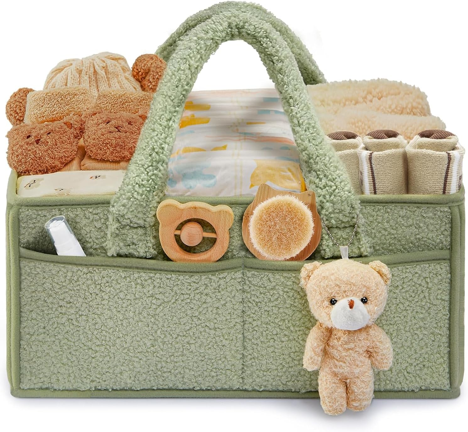 Baby Nappy Caddy Diaper Caddy Organizer， Baby Storage Basket for Diapers and Wipes，Portable Holder Tote Holder Tote Bag ， Car Nursery Organizer Diaper Bag Gift Accessories， Bring a Bear (Green)