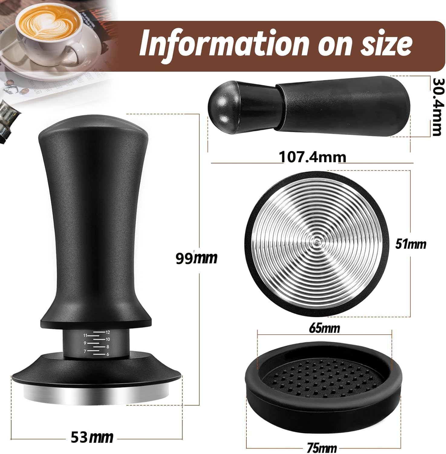 53Mm Espresso Tamper, with Spring Loaded Calibrated Espresso Tamper with Silicone Tamper Mat with Scale Adjustment, Espresso Distribution Tool, Stainless Steel Base Tamper for Espresso Coffee Machine image number 6