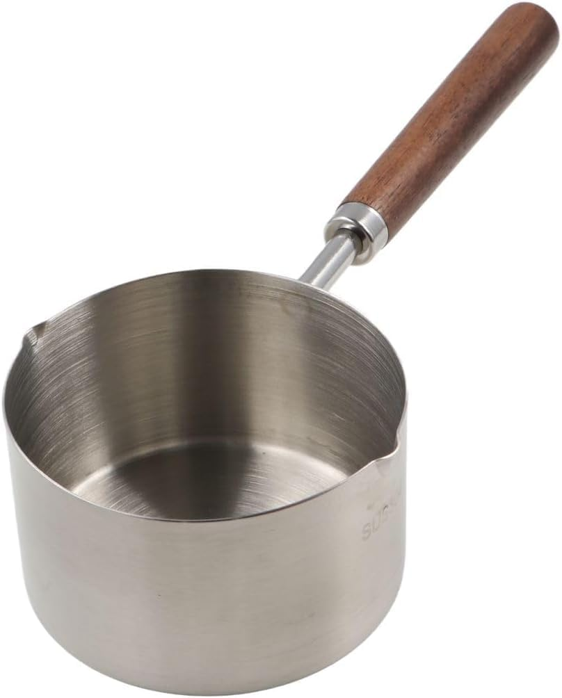 Small Milk Pot Stainless Steel Saucepan Wood Handle Saucepan 250Ml Butter Warmer with Dual Pour Spout Candy Melting Pot Mini Frying Pan Soup Pot (Stainless Steel, 250Ml)