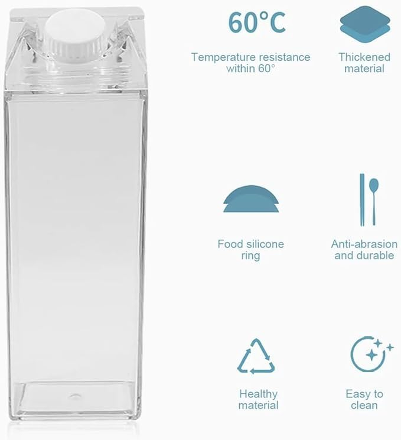 Milk Carton Water Bottle Twin Pack 1 Litre (2 Packx1000Ml) Bpa-Free Reusable Leakproof Drink Bottles, Transparent Portable Containers for Juice, Gym, Beach & School - as 2070 Compliant