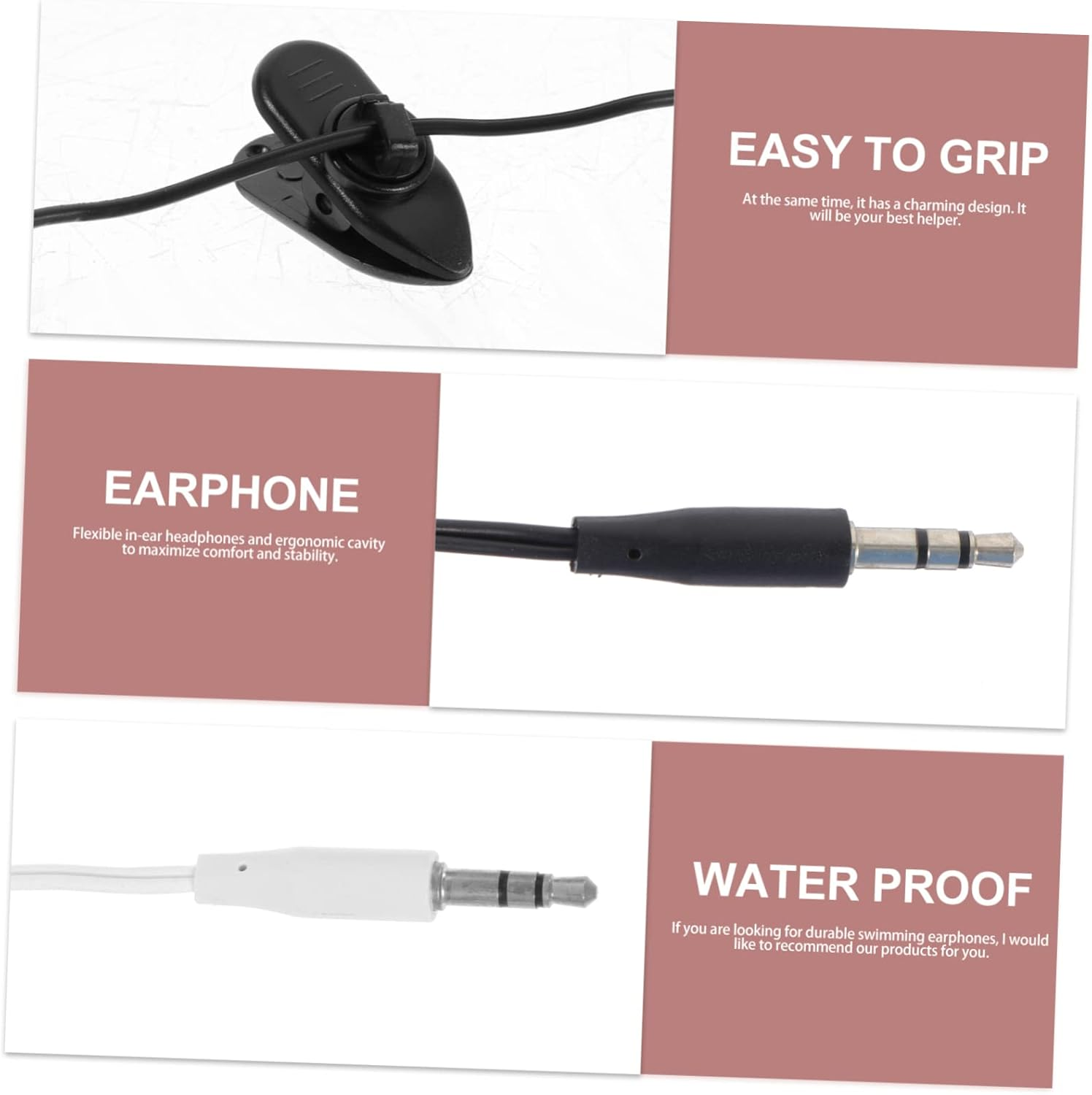 LALAFINA Waterproof Swimming Earphones 2Pcs 3.5Mm Ear Hook In-Ear Earplugs Adult Ear Protector for Bathing and Surfing, Black and White