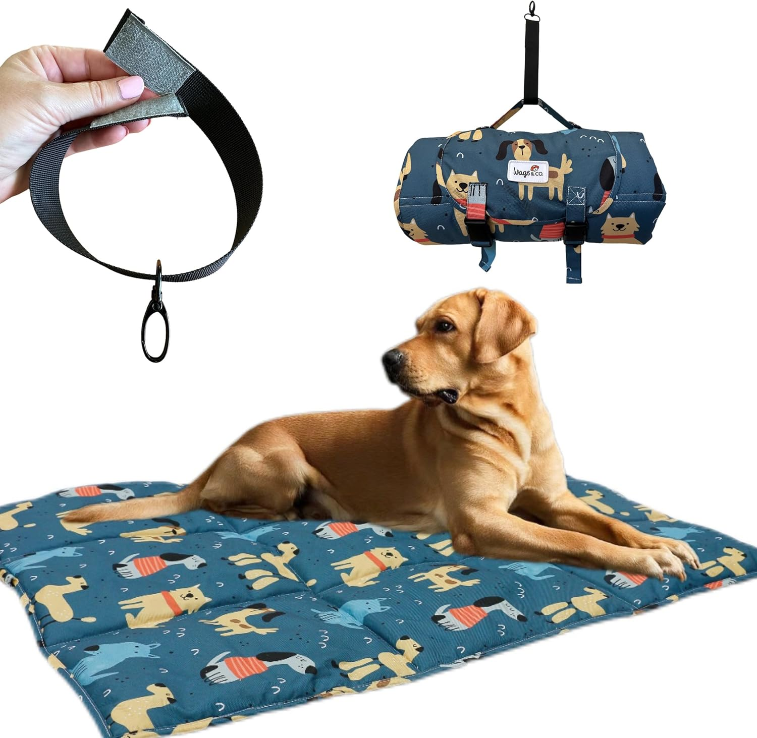 Canine COOSH - Outdoor Folding Dog Travel Mat - 70 X 100Cm. Durable, Easy-To-Clean, Portable Dog Bed for Beach, Bush, Camping, Travel, with Clip-On Carry Strap. (Puppies in the Park) image number 5