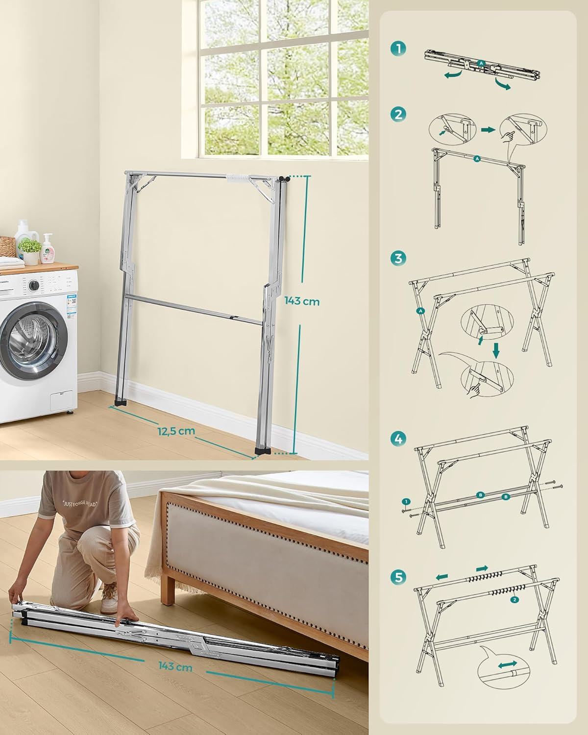 SONGMICS 133-200Cm Extendable Folding Freestanding Indoor Outdoor Clothes Airer Clothes Airer Dove Grey LLR902E01 image number 1