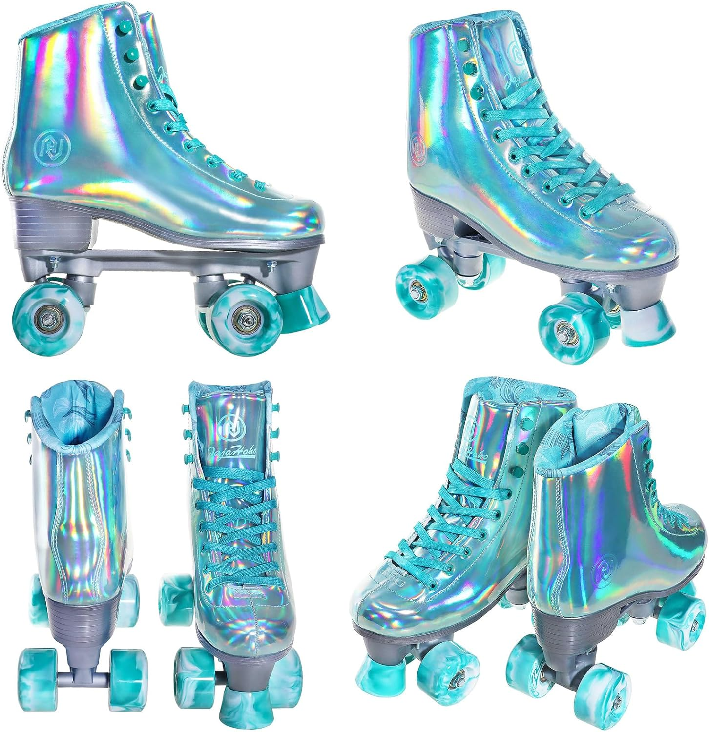 Jajahoho Roller Skates for Women, Mint Green Holographic High Top Faux Leather Rollerskates, Shiny Double-Row Four Wheels Quad Skates for Girls and Age 8-50 Indoor Outdoor image number 4