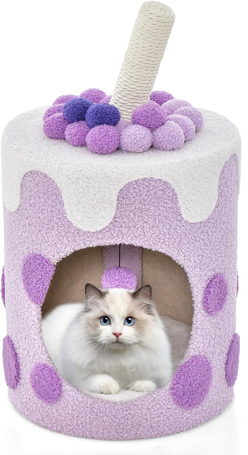 Costway Bubble Tea Cat Tree Tower Cat Condo Furniture W/Scratching Post Dangling Ball Toy Multifunctional Cat Furniture Indoor Cats Cute Kitten Activity Center (Purple & White)