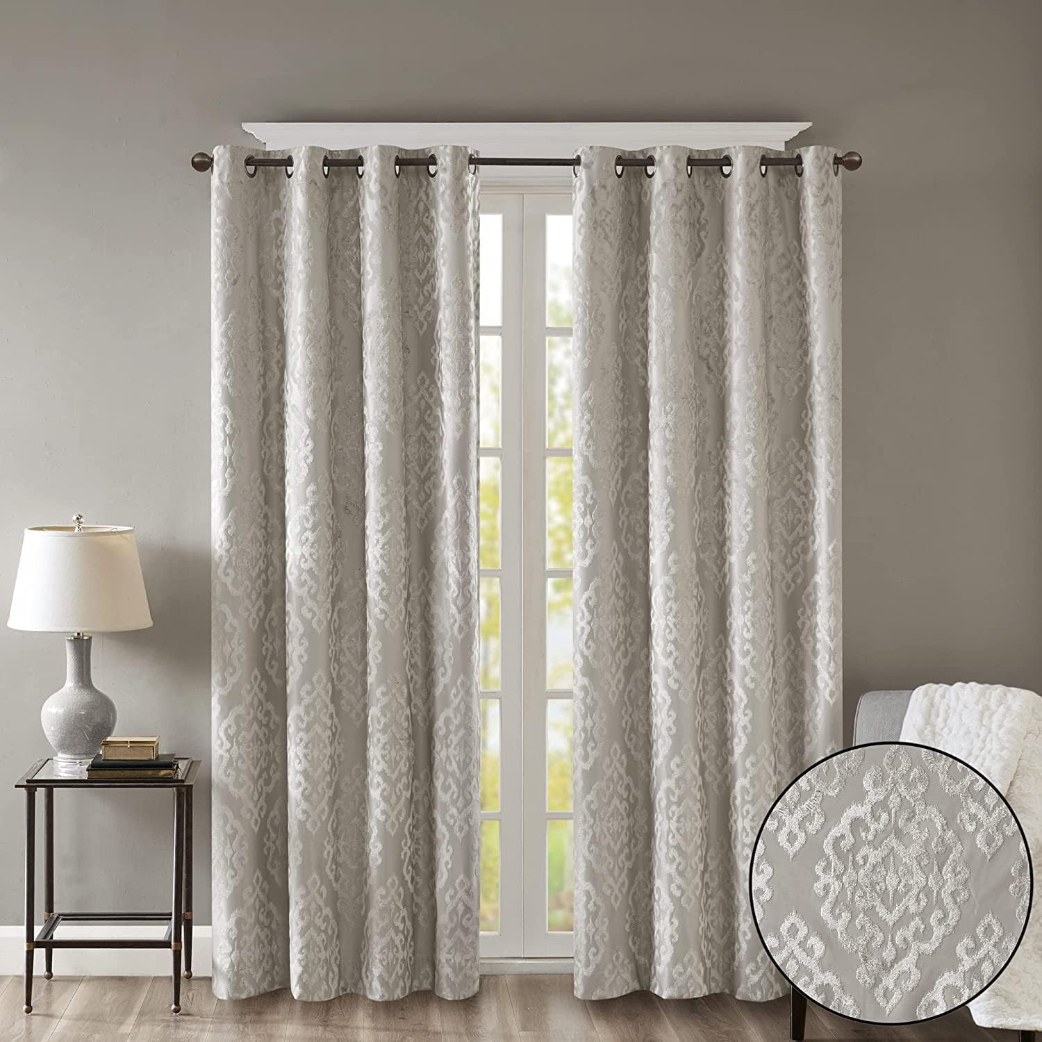 Sun Smart Mirage 100% Total Blackout Single Window Curtain, Knitted Jacquard Damask Room Darkening Curtain Panel with Grommet Top, 50 X 108 In, Silver