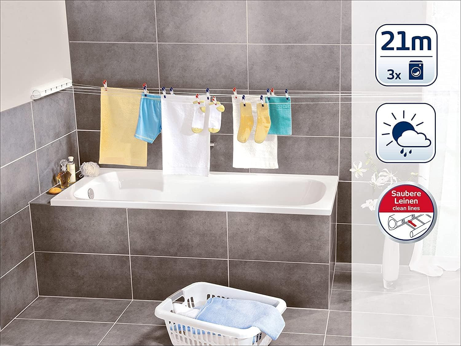 Leifheit 83040 Rollfix 210 Wall Dryer, Five Tear Proof Outdoor and Indoor Clotheslines, Wall Mounted Drying Line, Retractable Laundry Drier for Clothes, Towels, Bed Linen (Colour: White), 21 M image number 4