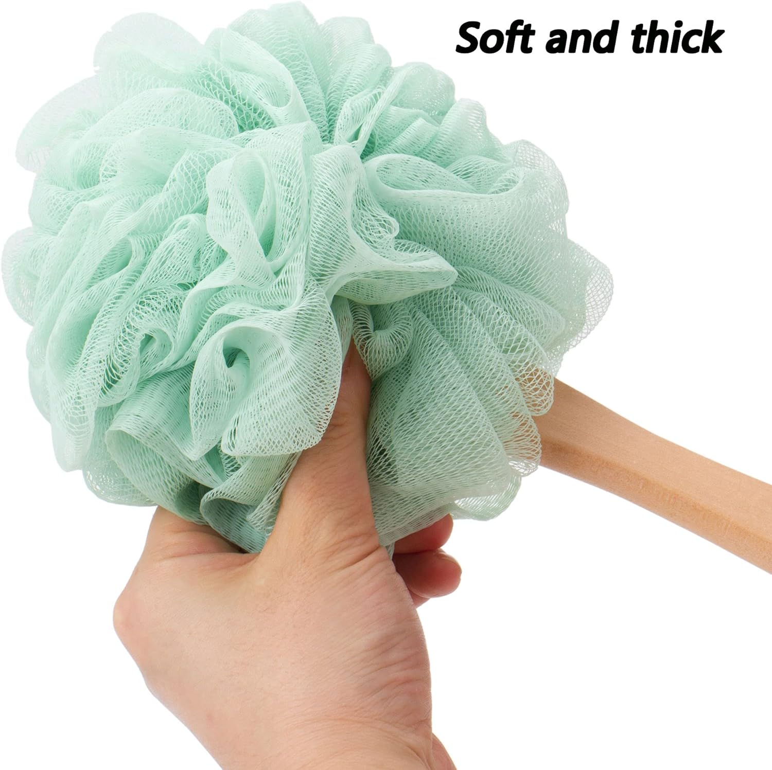 Arswin Loofah Sponge Back Scrubber, Wooden Long Handle Bath Sponge Lufa Shower Brush, Soft Nylon Mesh Back Cleaner Washer, Men & Women Exfoliating Luffa Pouf on a Stick for Body (Green) - Green image number 4