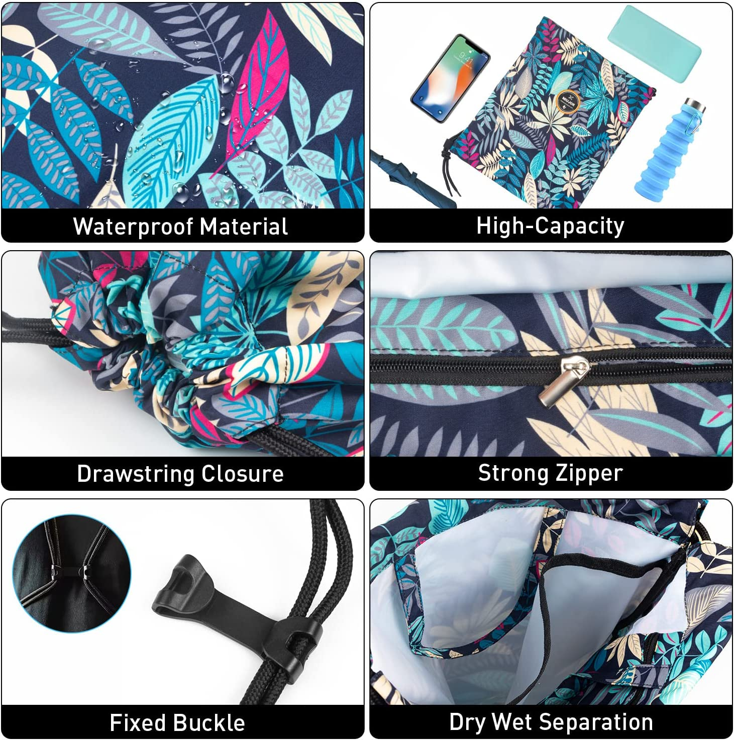 Drawstring Swim Bag - Waterproof Backpack with Separated Wet and Dry Storage Pockets, Lightweight String Bag for Beach, Travel, Pool or Gym Bag, Designed in Australia