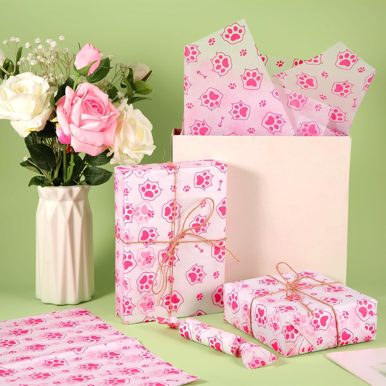 30Pcs Cat Paw Print Tissue Paper, 13.8X19.7In Cute Wrapping Tissue Paper Gift Wrap Paper Tissue Paper Sheets for Gift Packaging Wedding Birthday Party Supplies DIY Crafts (Pink) - Pink image number 4