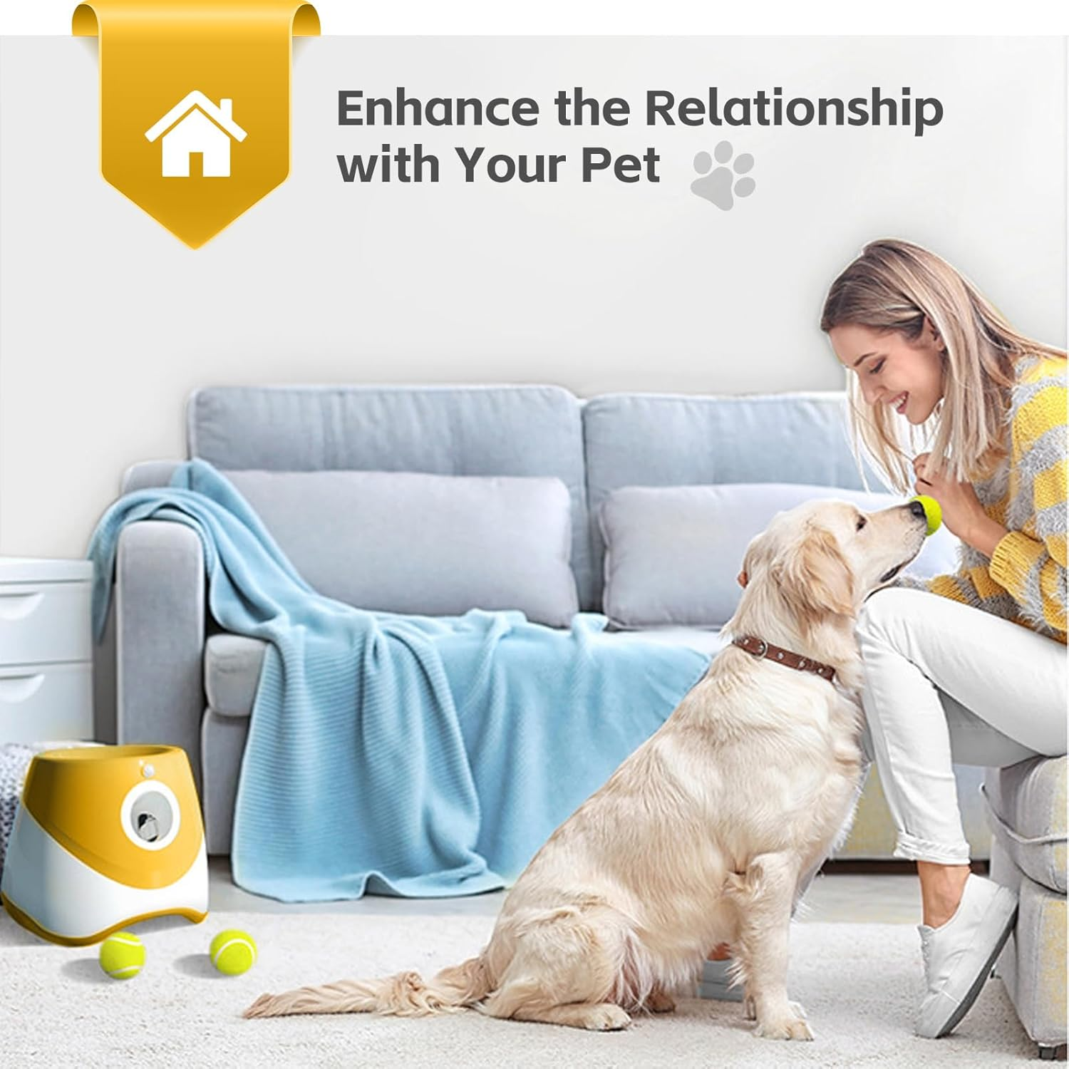 Dog Ball Thrower, Rechargeable Dog Ball Launcher, 3 Modes Interactive Thrower for Indoor & Outdoor, Suitable for Small & Medium Dogs, Yellow (3 Tennis Balls Included) image number 4