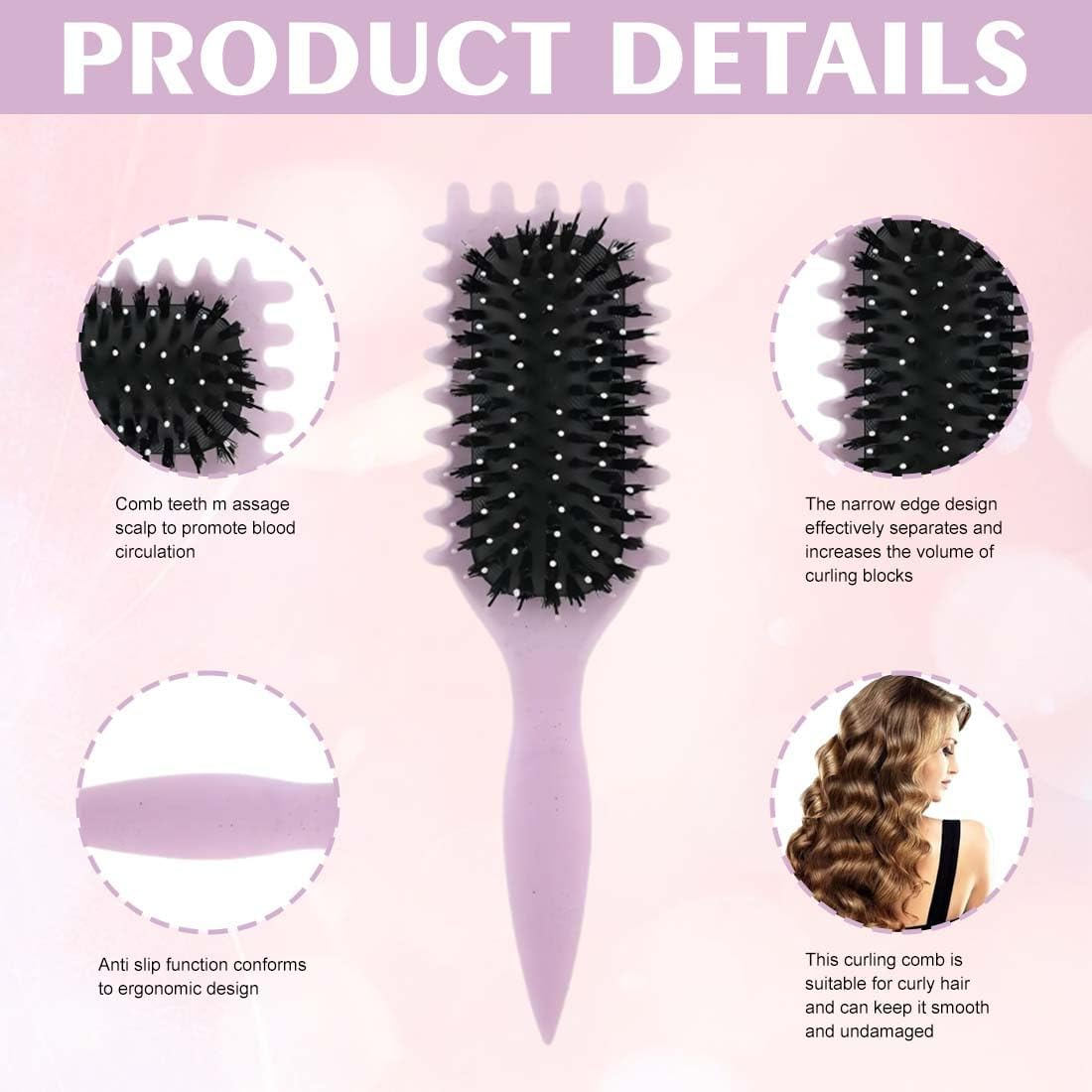KIRZAX Curling Brush, Curl Brush Curls with Prongs, Define Styling Brush for Combing and Shaping, Curly Hair Brush, Curl Styling Brush, for Defined Trendy Curls, for Women and Men image number 4