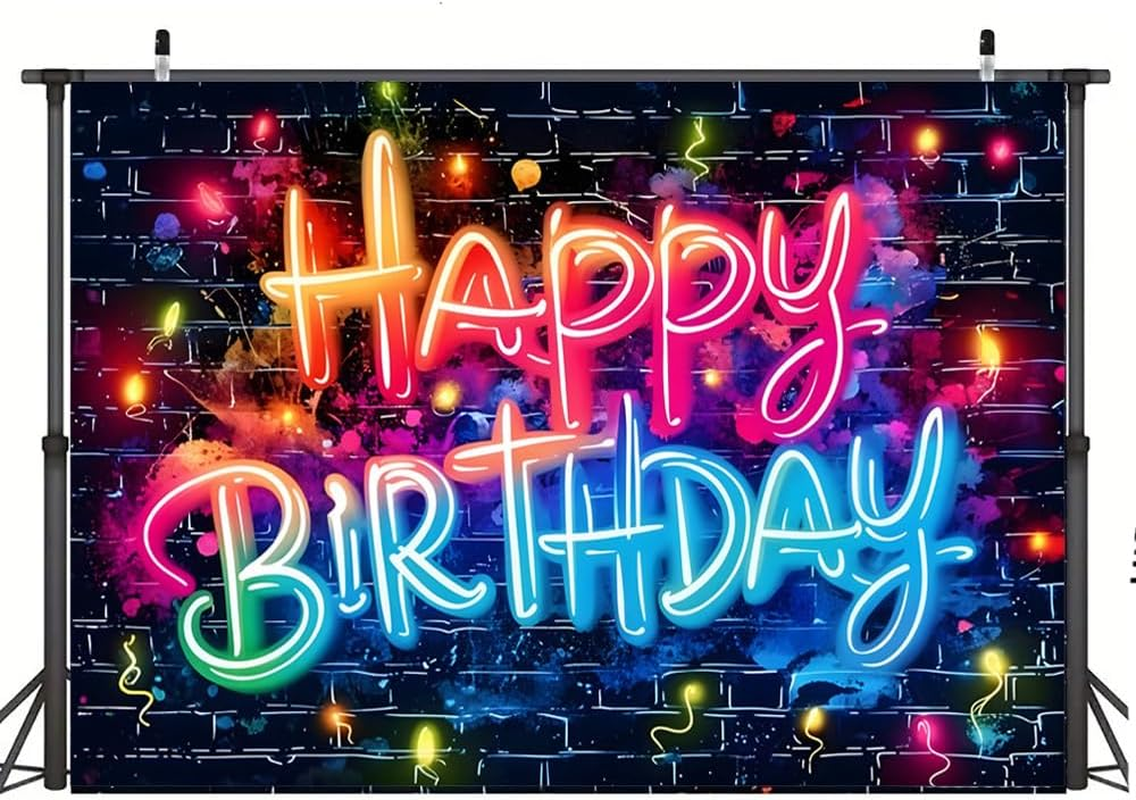 Neon Glow Happy Birthday Backdrop Banner,Glow in the Dark Brick Wall Funny Graffiti Colorful Painting Splatter Photo Background for Party Photos Shoot & Celebratory Decor (180 * 110Cm)