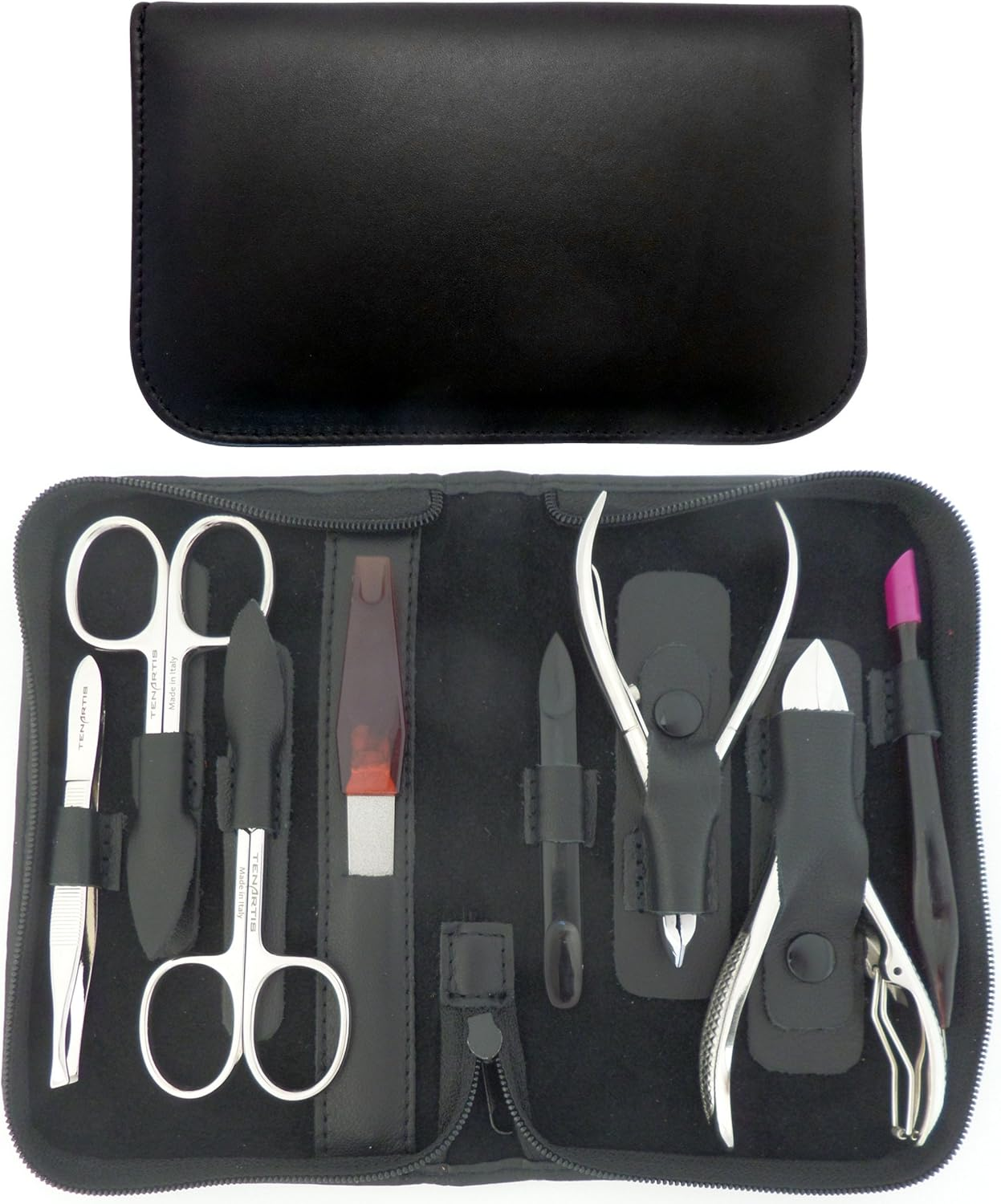 364 5-Piece Black Nappa & White Genuine Leather Manicure Set - Made in Italy image number 2
