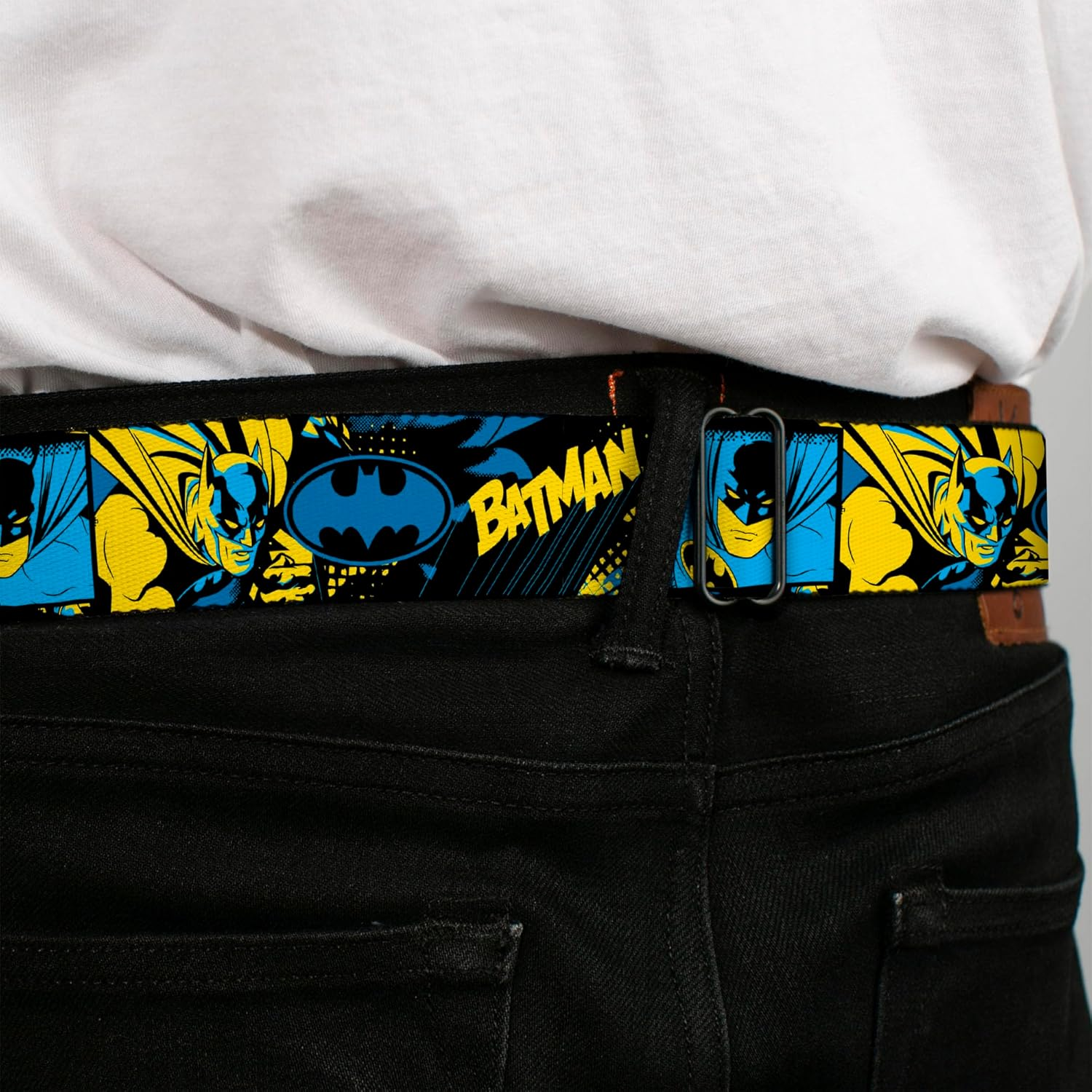 DC Comics Belt, Seatbelt Buckle Belt, Batman Poses and Logo Collage Black Blue Yellow, Adjustable image number 3
