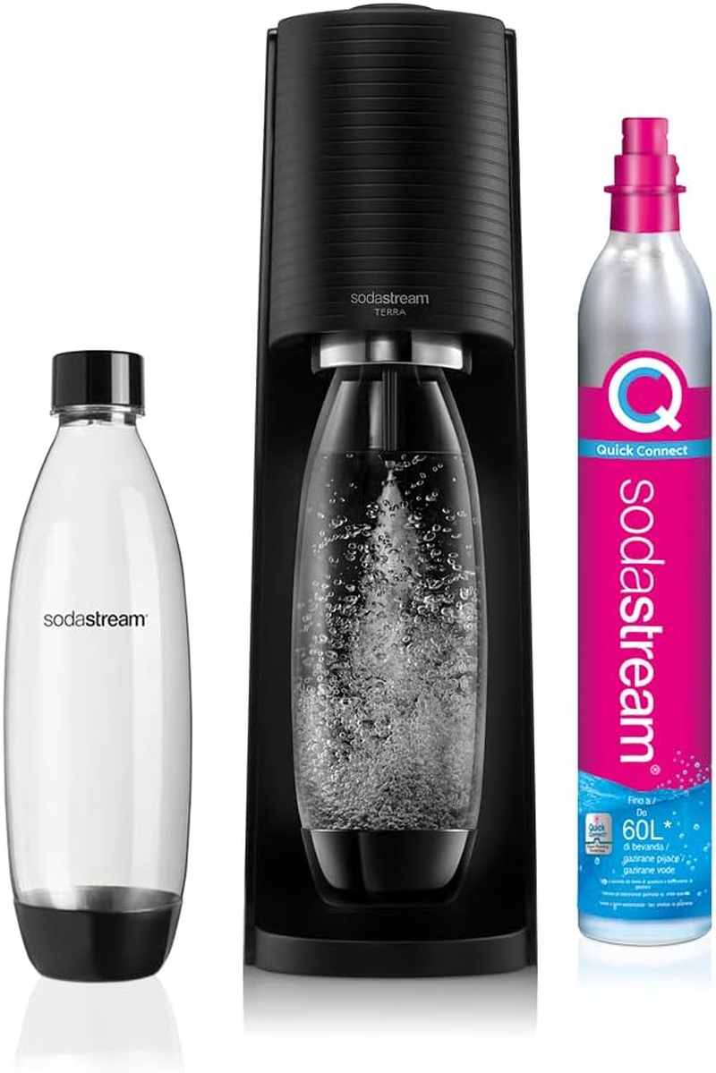 Sodastream Terra Value Pack Sparkling Water Maker with 2 X 1 L Dishwasher Safe Cast Bottles and 1 X Quick Connect CO2 Cylinder for Making up to 60 L of Sparkling Water, Matt Black