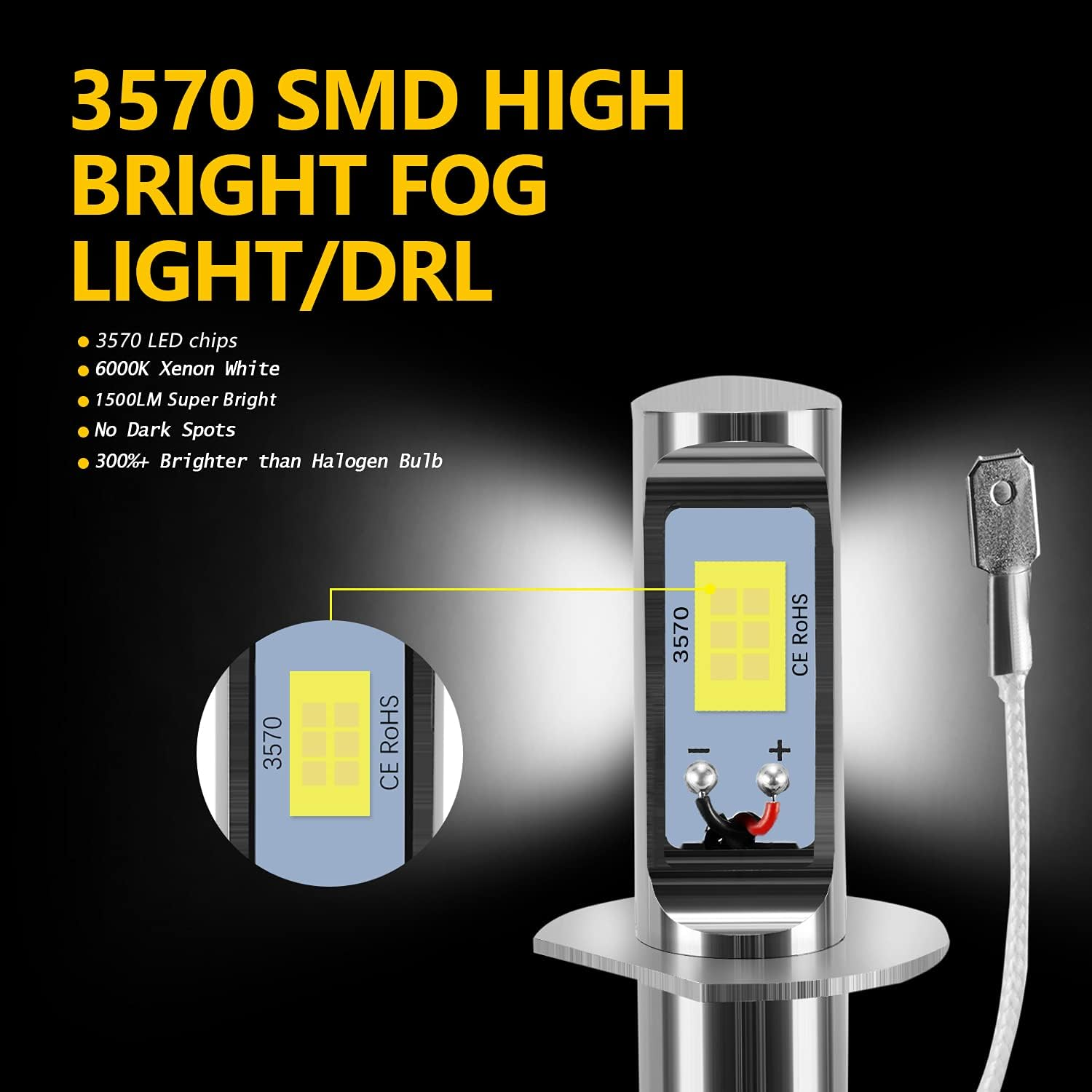 AUXLIGHT H1 LED Fog Light DRL Bulbs, 3000 Lumens Extremely Bright Bulbs Replacement for Cars, Trucks, 6000K Xenon White image number 3