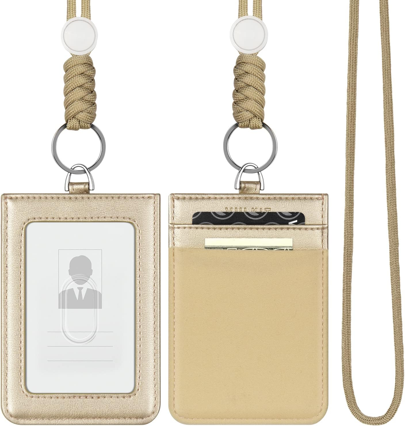 VULKIT ID Badge Holder with Lanyard for Women and Men Vertical Leather Badge Holder with Clear ID Window Card Holder Slot and Money Pocket Brown