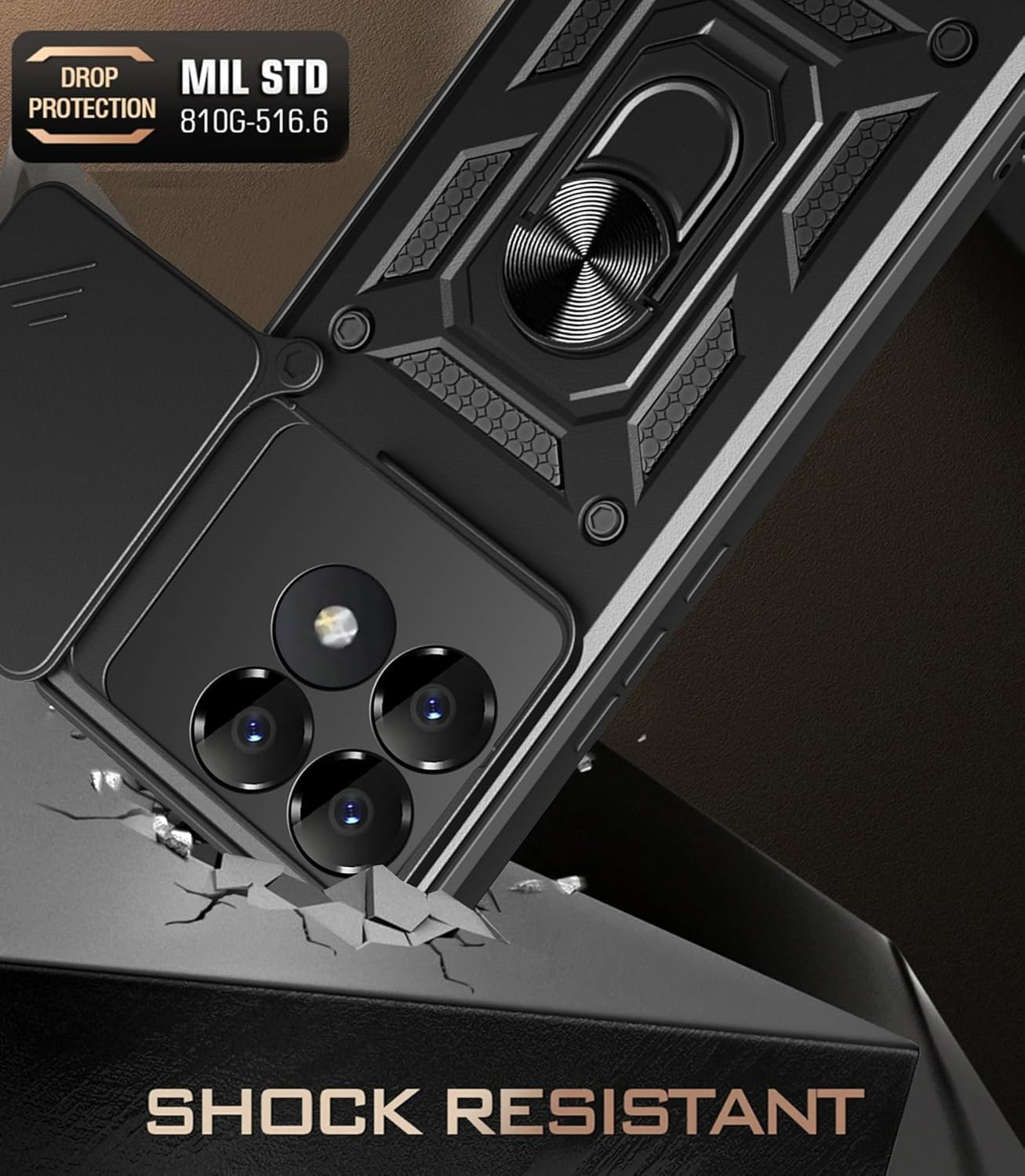 ESTH&reg; Case for Xiaomi Poco F6 Pro 5G with Slide Camera Cover [Camera Protection] [Ring Stand] [Case Compatible with Magnetic Car Mount] Shockproof Mobile Phone Case, Blue - Black image number 2