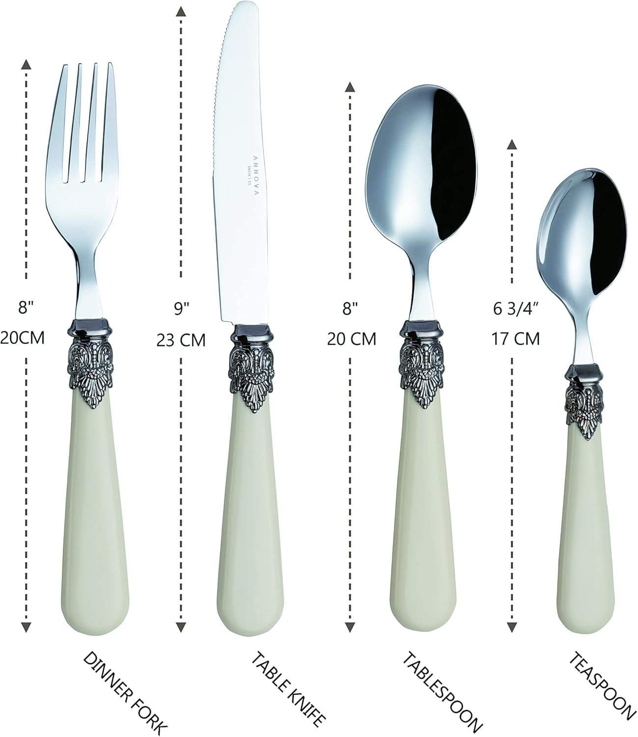 Annova Flatware 24 Pieces Set/Stainless Steel Vintage Silverware/Cutlery Set, Ivory Color, Dinner Knife/Dinner Fork/Dinner Spoon/Dessert Spoon, Mirror Polished, Service for 6 - Cream/Ivory Vintage image number 5