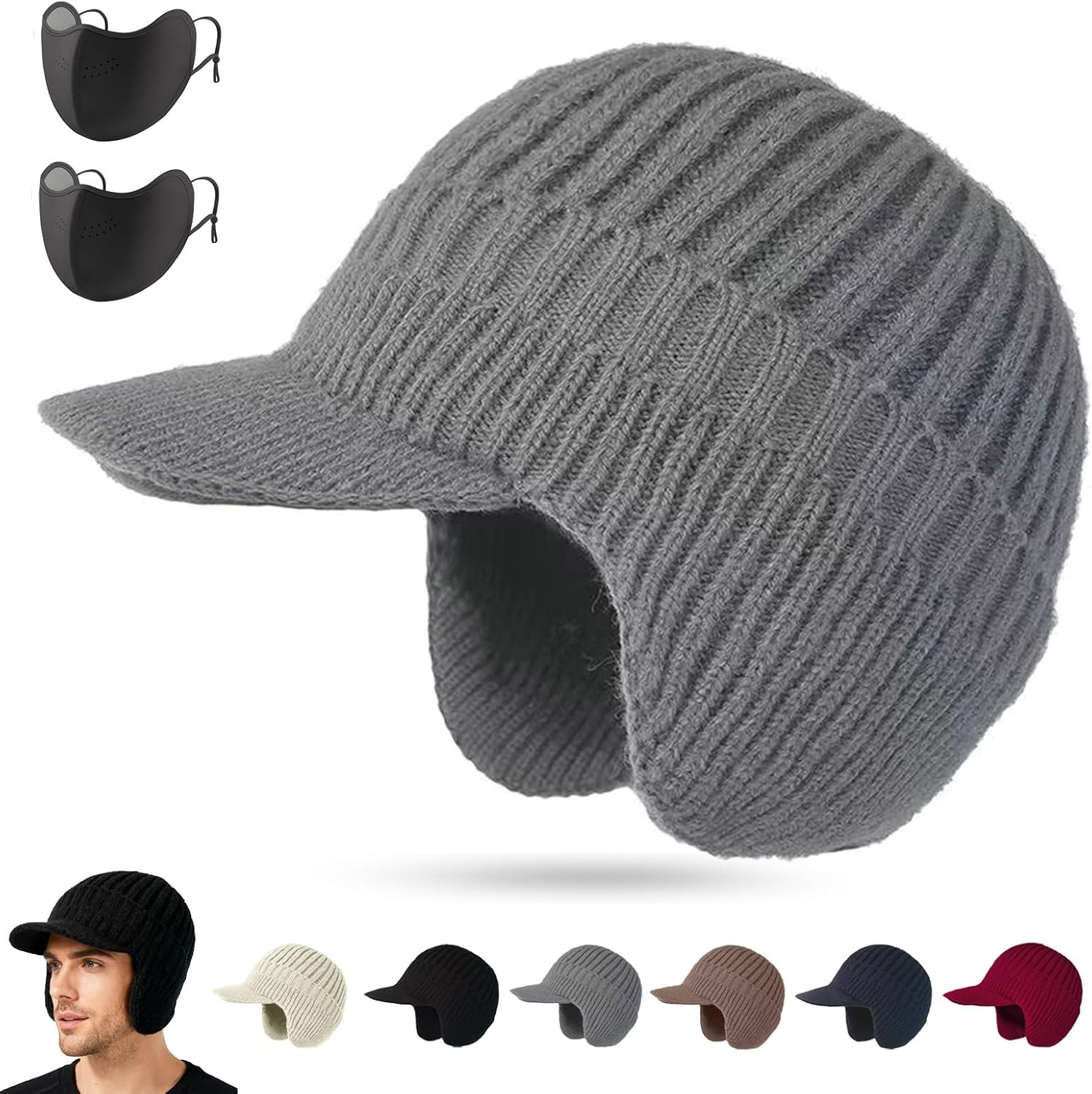 LAPQEND Cozy Head Beanie, 2026 New Winter Beanies Hat with Brim Ear Flaps, Warm Fleece Lined Knit Hat Unisex