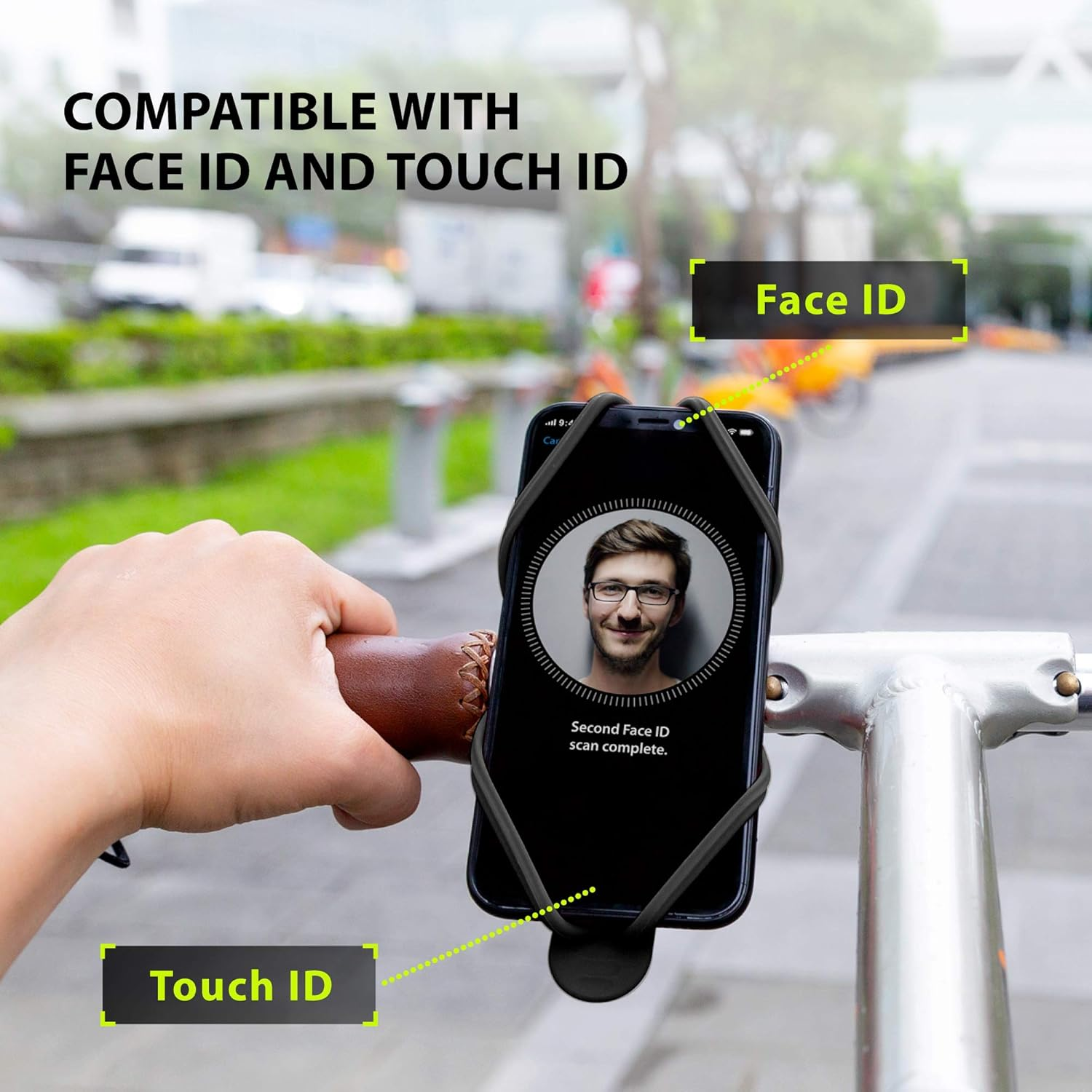 BONE Bike Tie 4 Bike Phone Holder for Handlebar Mounting, Universal Cell Phone Holder for 4.7" to 7.2", Face ID Compatible, Ultra Light Silicone Bike Phone Mount for Road Touring Black image number 2