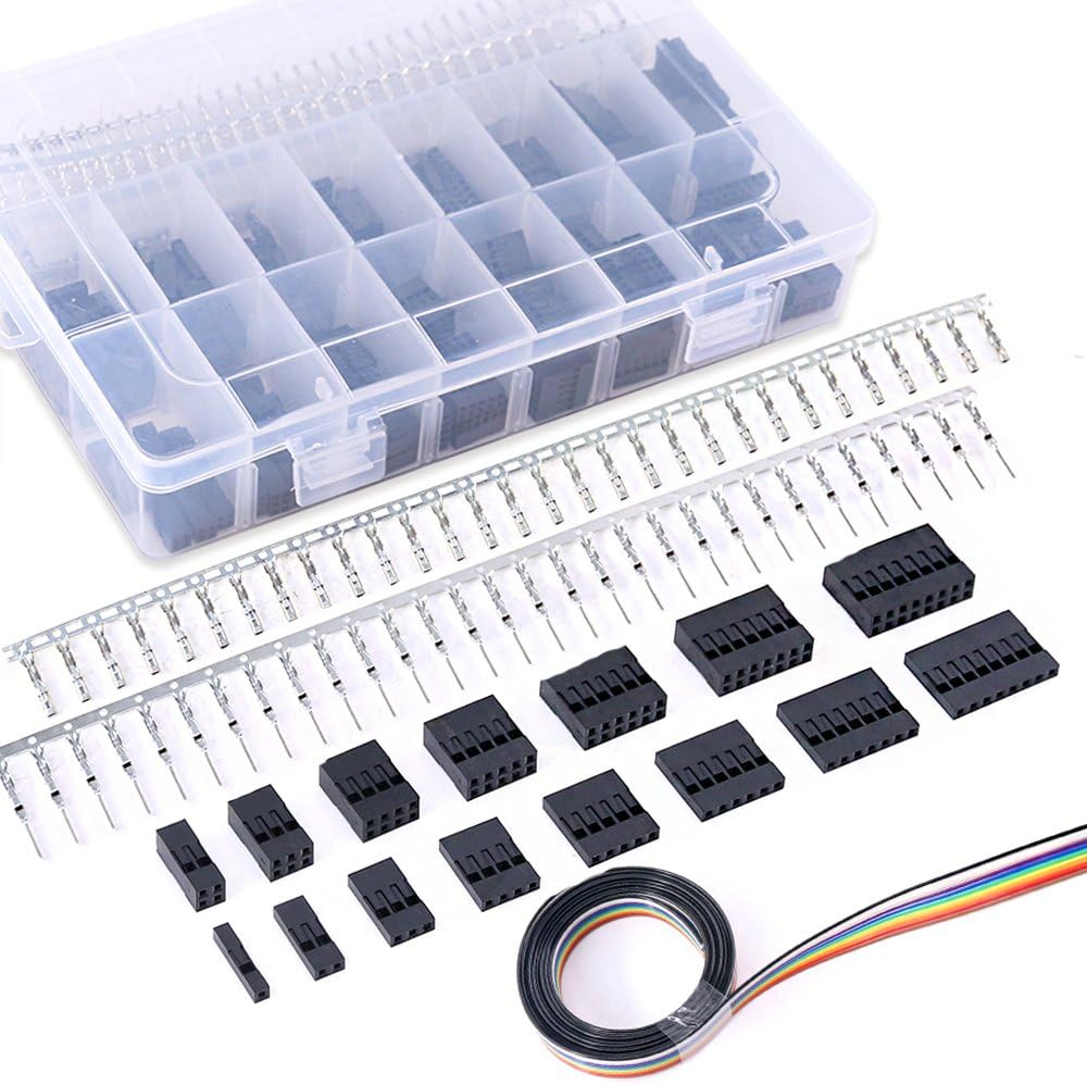 Glarks 700Pcs 2.54Mm Pitch 1/2/3/4/5/6/7/8 Plug Dupont Connector Housing Male/Female Pin Connector with 10 Wire Rainbow Color Flat Ribbon IDC Wire Cable Assortment Kit