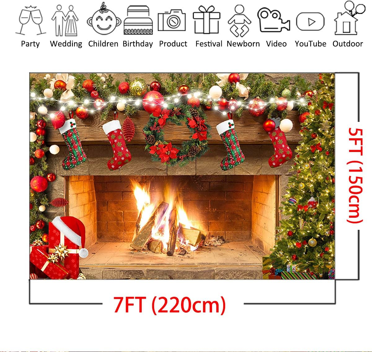 Mocsicka Christmas Fireplace Backdrop 7X5Ft Merry Christmas Fireplace Family Picture Party Decorations Photobooth Backdrops Xmas Socks Trees Burning Firewoods Photography Background image number 6