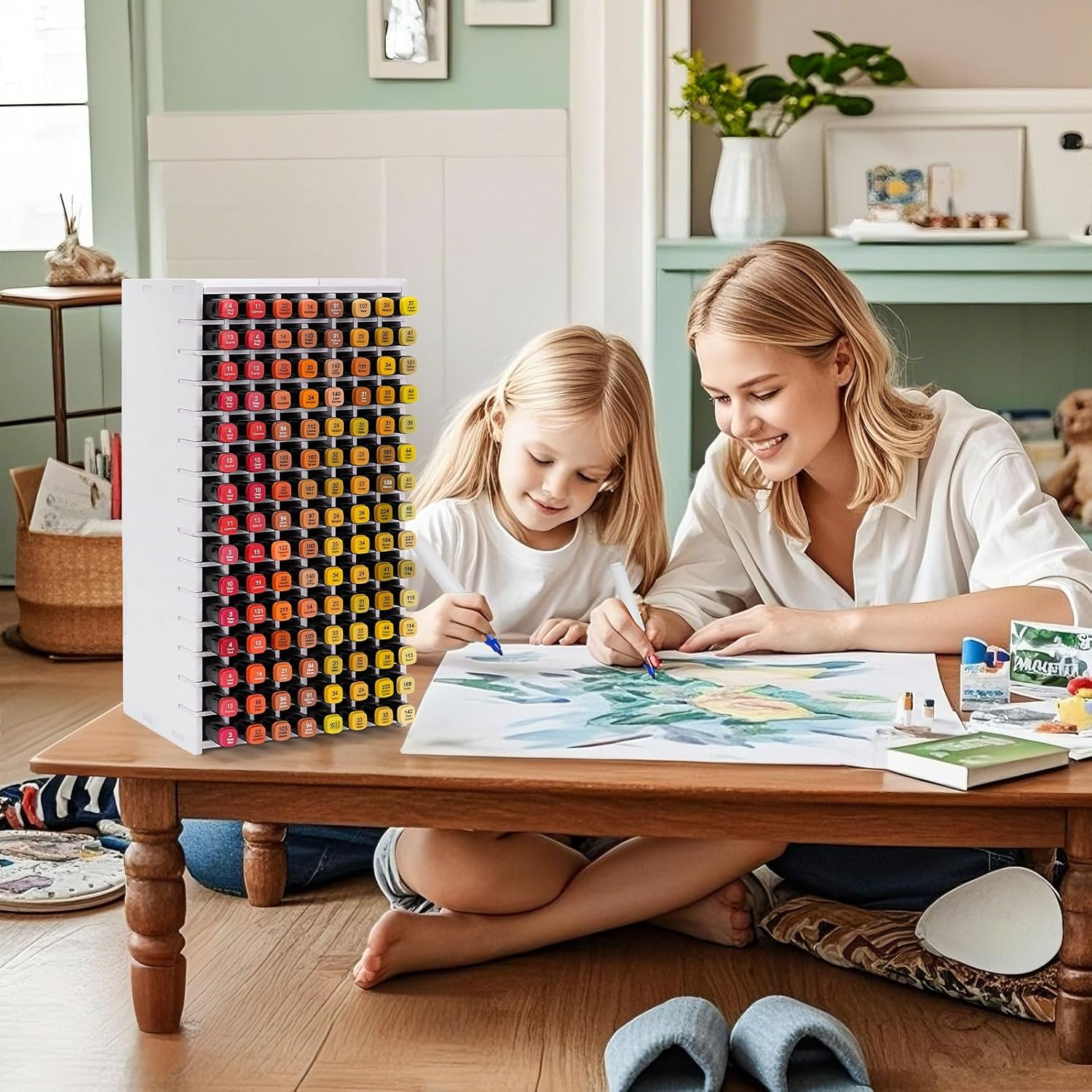 SANFURNEY Art Marker Storage Rack for 120 Markers, Watercolour Brushes Pens Color Pencils Organizer Holder for Desk image number 6