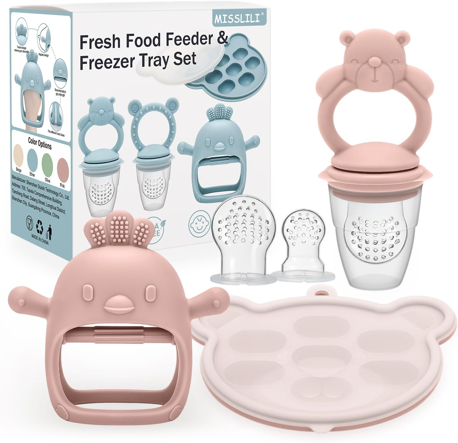 MISSLILI Baby Silicone Fruit Food Feeder Pacifier & Breastmilk Popsicle Freezer Molds, Chick Teether Toy & Baby Food Storage Containers Frozen Ice Tray for Baby Feeding Teething Safely, BPA Free