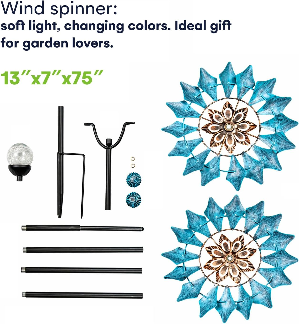 Solar Wind Spinner New Azure 75In Multi-Color Seasonal LED Lighting Solar Powered Glass Ball with Kinetic Wind Spinner Dual Direction for Patio Lawn & Garden image number 1