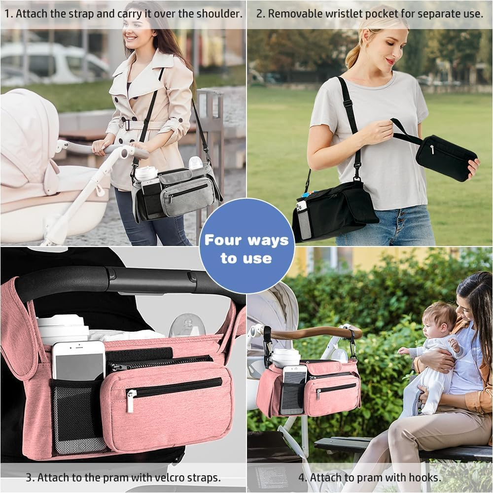 BLAZDEVE Baby Stroller Organizer with Insulated Cup Holder, Large Storage Space Stroller Bag with Detachable Phone Bag and Shoulder Strap for Uppababy, for Baby Jogger, for Britax (Pink) image number 4