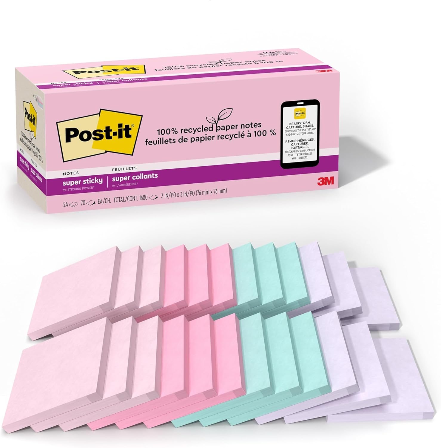 Post-It 100% Recycled Paper Super Sticky Notes, 2X the Sticking Power, 76 Mm X 76 Mm, 24 Pads/Pack, 70 Sheets/Pad, Wanderlust Pastels Collection
