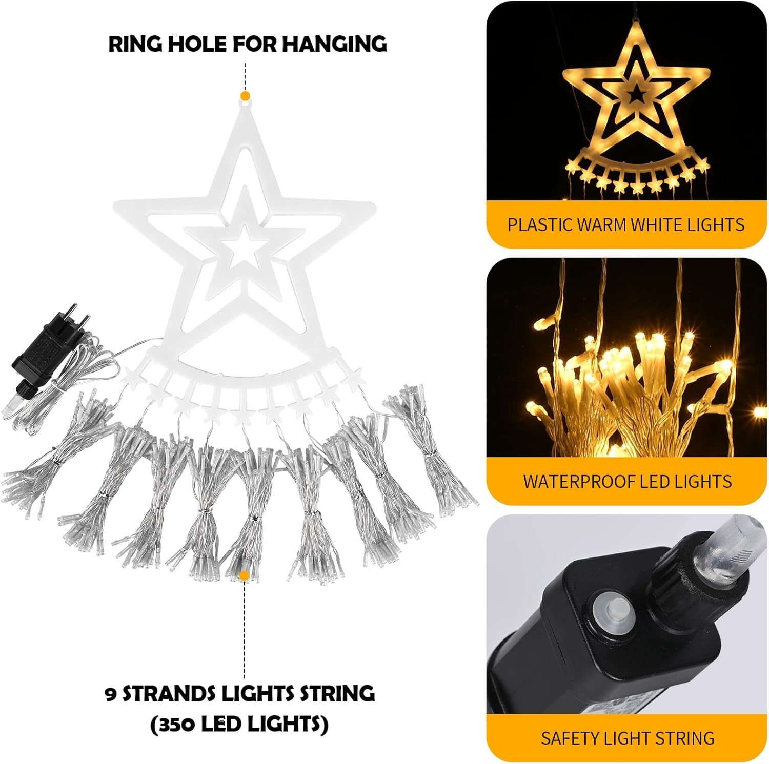 Banaone Outdoor Christmas String Lights, 350 Leds, 9 Strands 3.5M, Christmas Tree Garland with 8 Modes, Waterproof, Ideal for Garden, Parties, Indoor and Outdoor (Warm White)