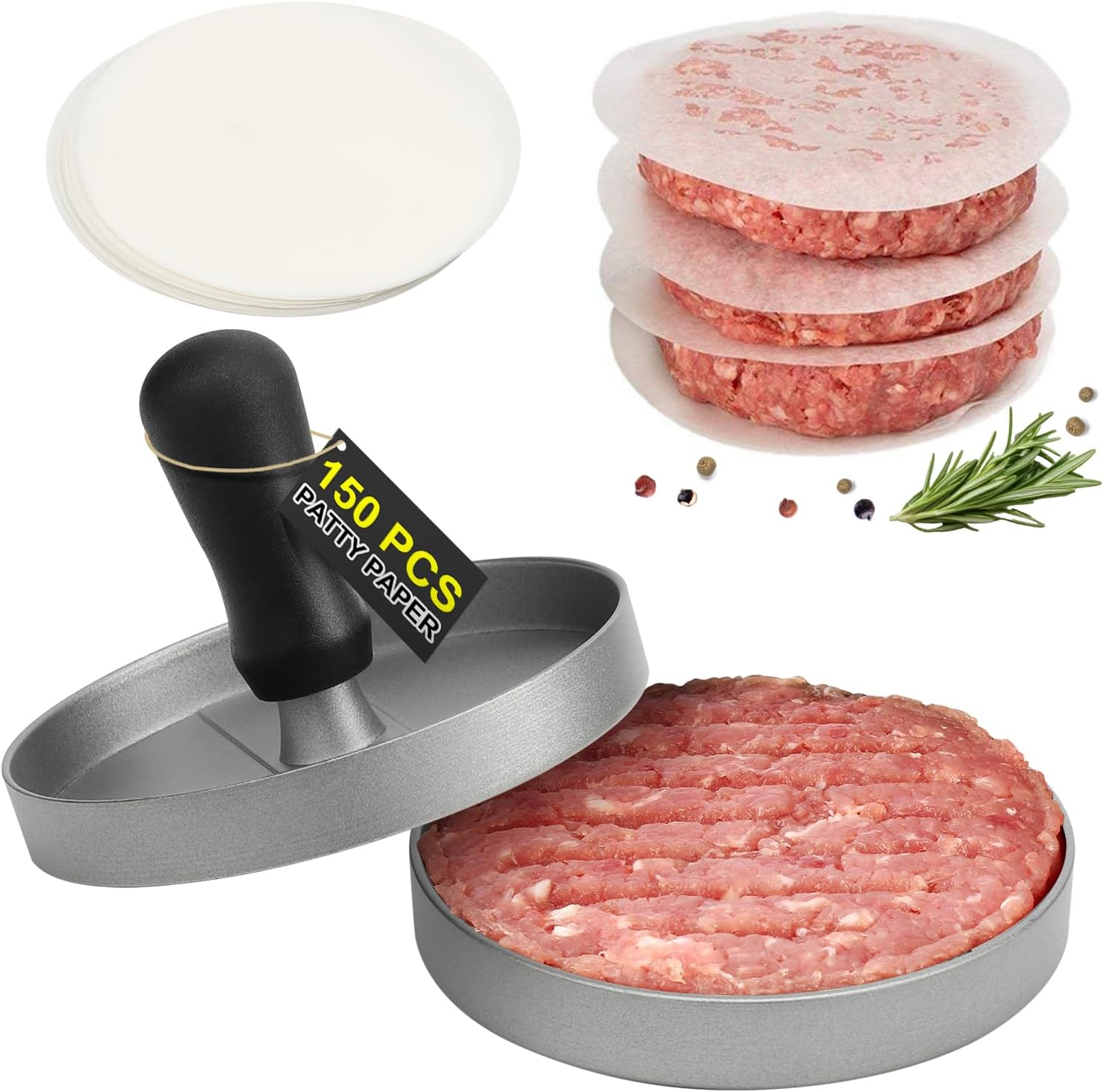 TACGEA Burger Press 150 Patty Papers, Non-Stick Hamburger Patty Maker with Wax Paper, Aluminum Burger Maker for Kitchen BBQ Grill image number 3