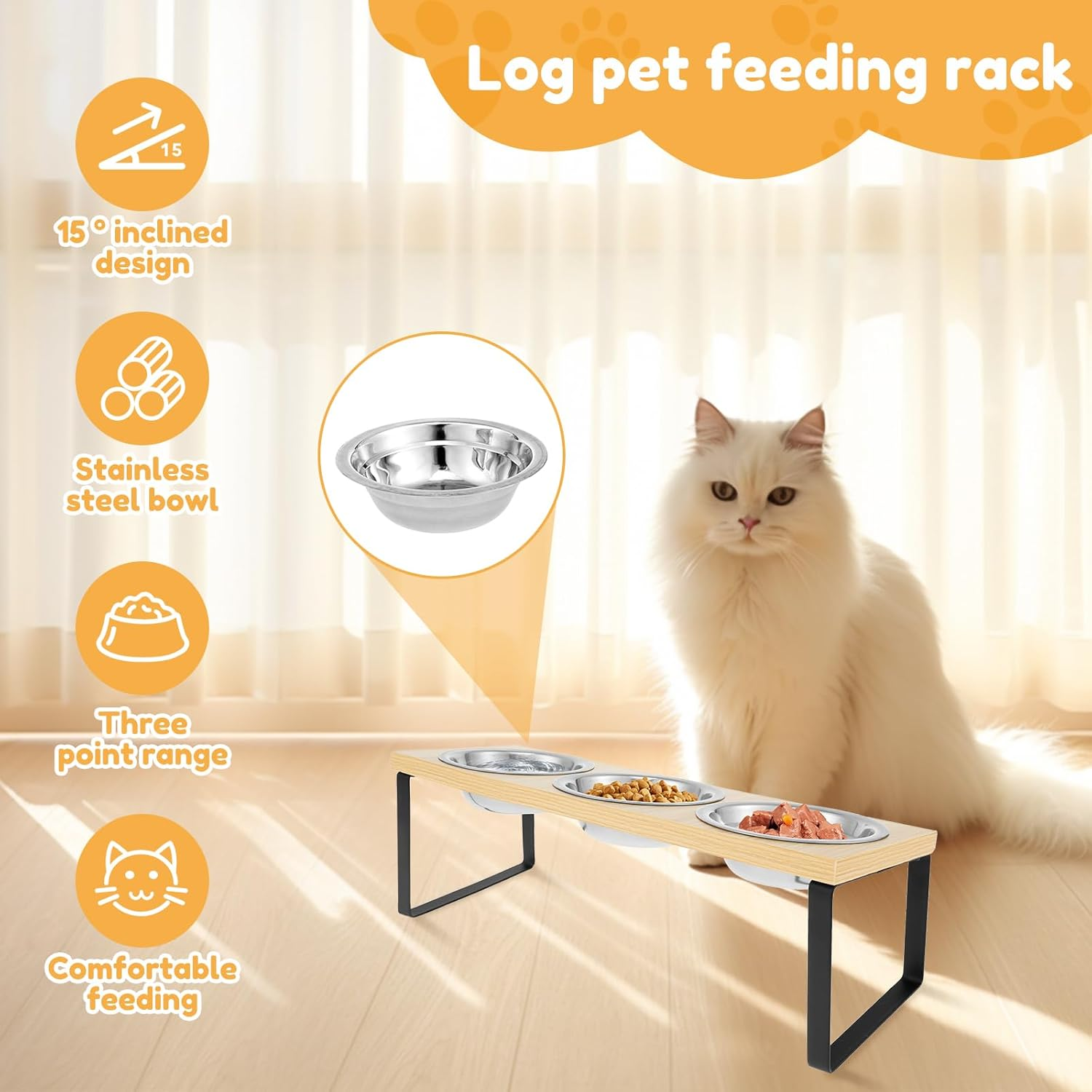 Awobepl Elevated Cat Bowls Wood Cat Bowl Stand 15&deg; Inclined Elevated Cat Food Feeder Easy to Install Raised Feeder Flexible