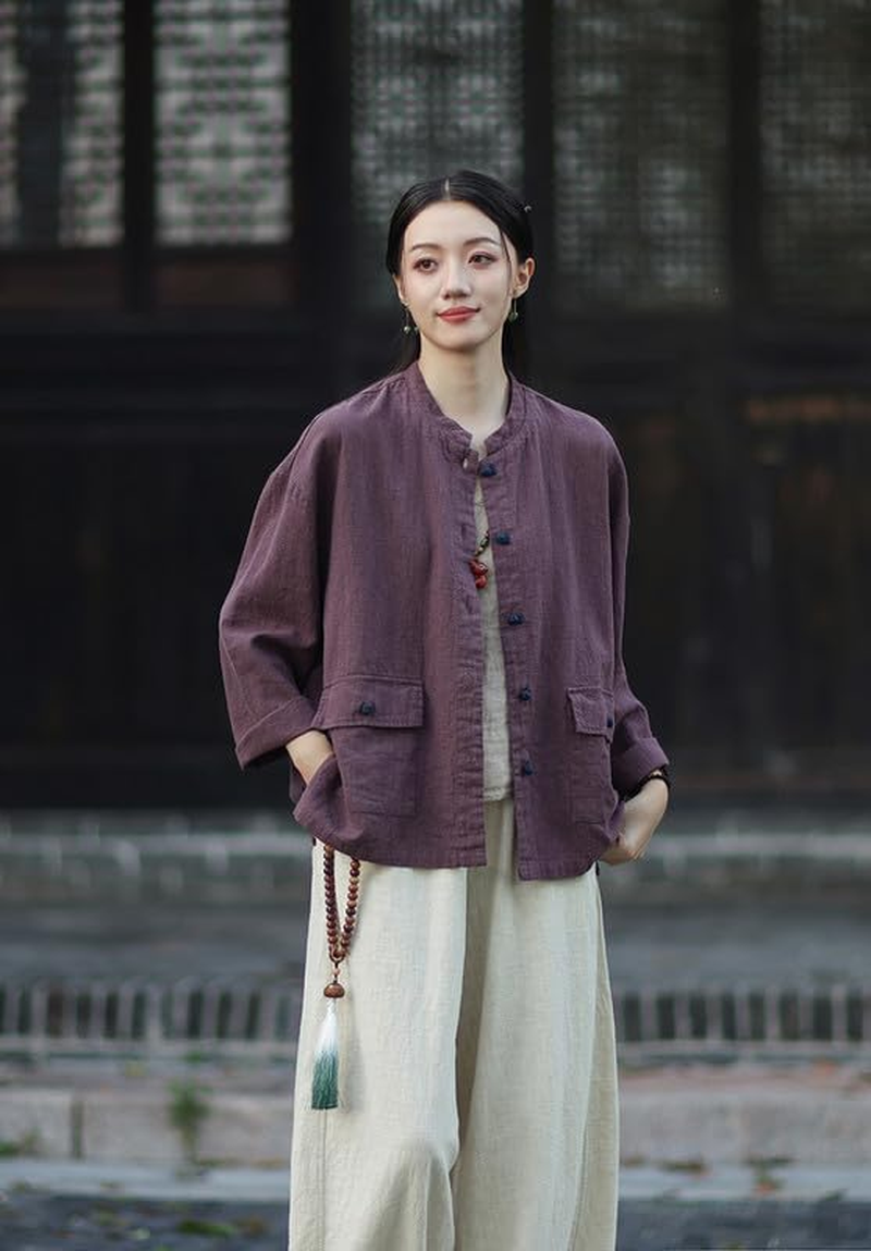 Women'S Vintage Linen Cotton Jacket Chinese Style Button-Down Cardigan Blouse Autumn - Yellow image number 4