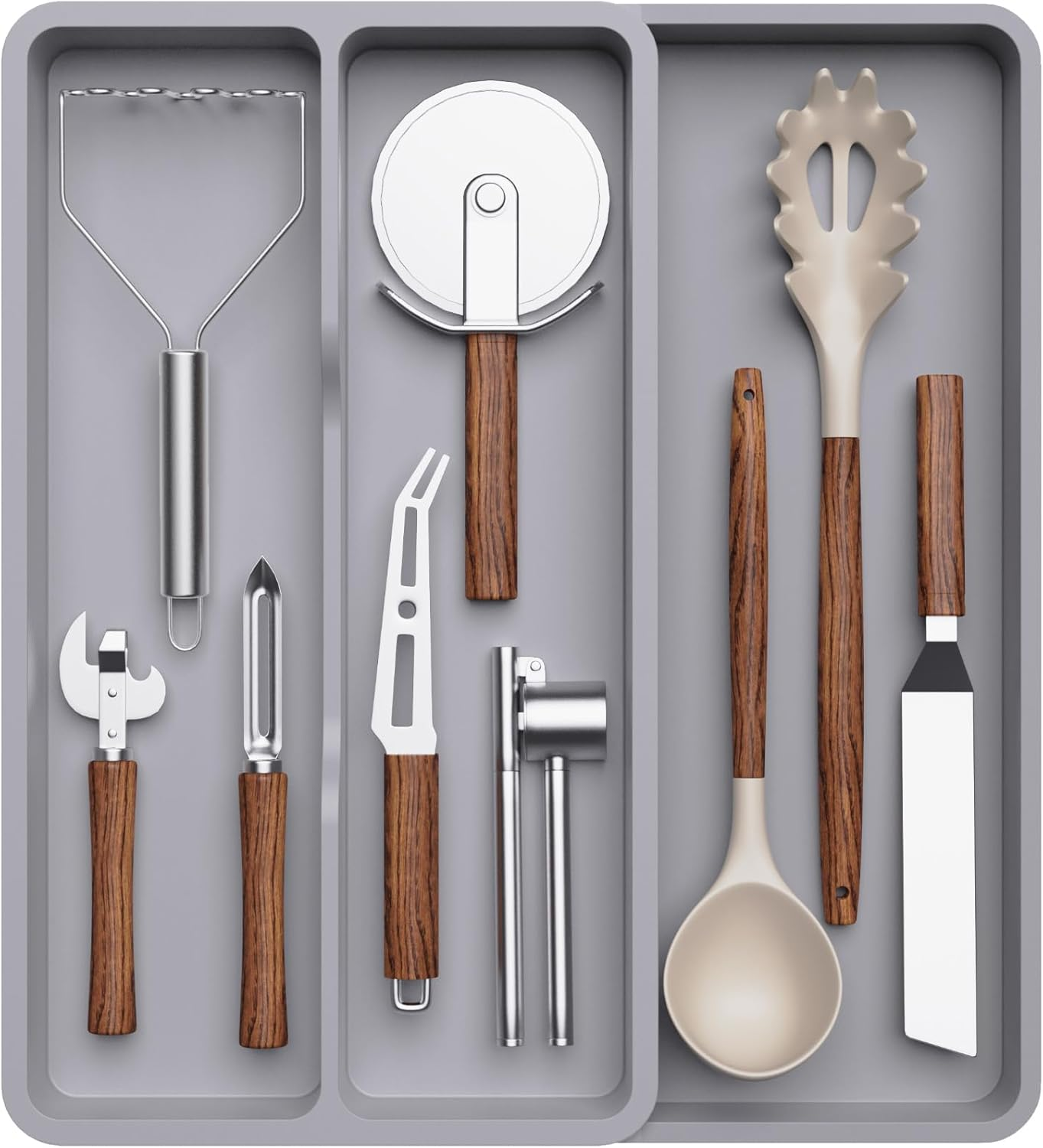 Lifewit Utensil Drawer Organizer, Expandable Cooking Silverware Tray for Kitchen Drawer, Adjustable Cutlery Flatware Holder, Plastic Spatula Tools and Gadgets Storage Divider, 3 Compartments, Black