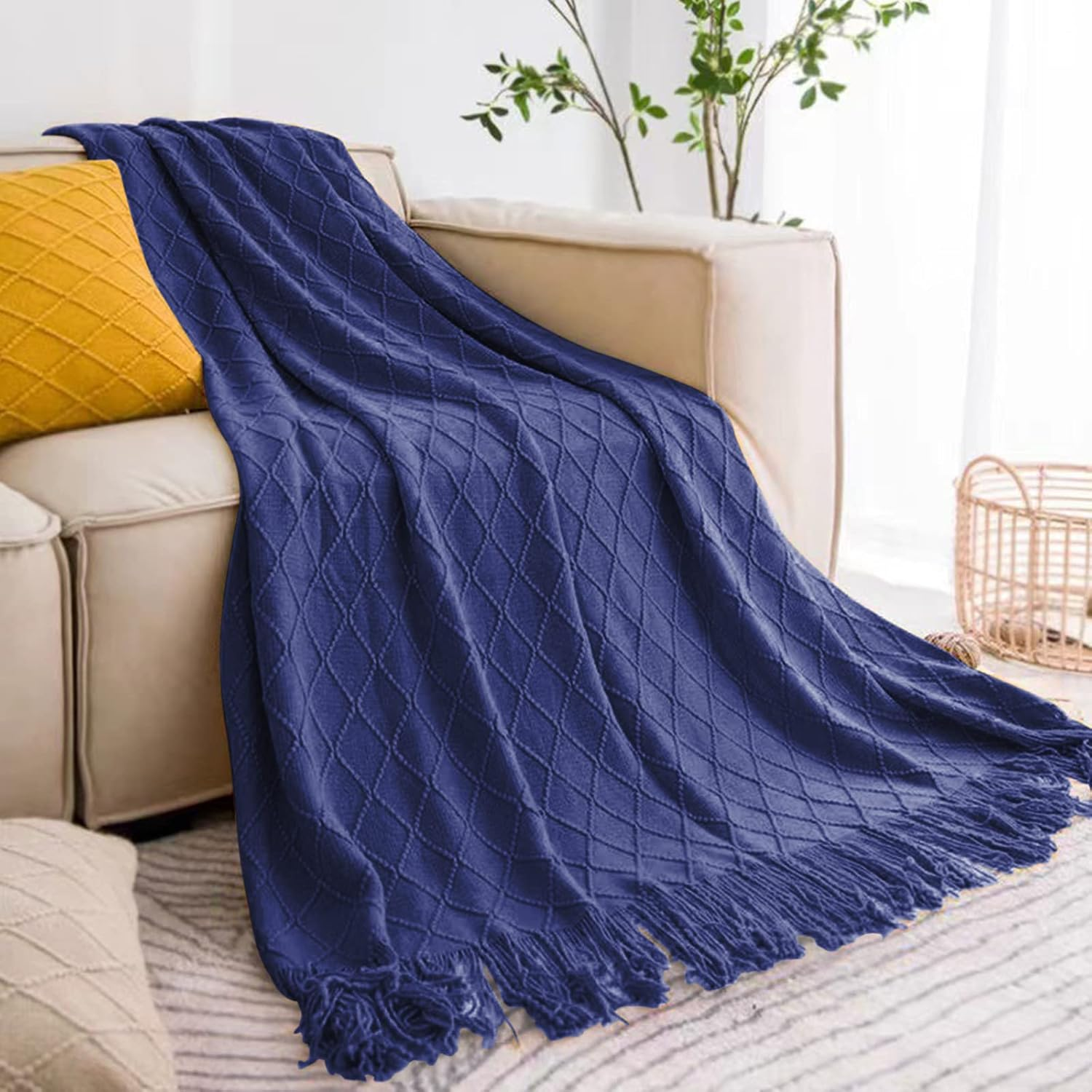 Inhand Navy Blue Throw Blanket for Couch and Bed, Soft Living Room Home Decor Knitted Blanket with Tassel, Outdoor Lightweight Breathable Summer Blanket, Farmhouse Warm Woven Decorative, 50"X60"