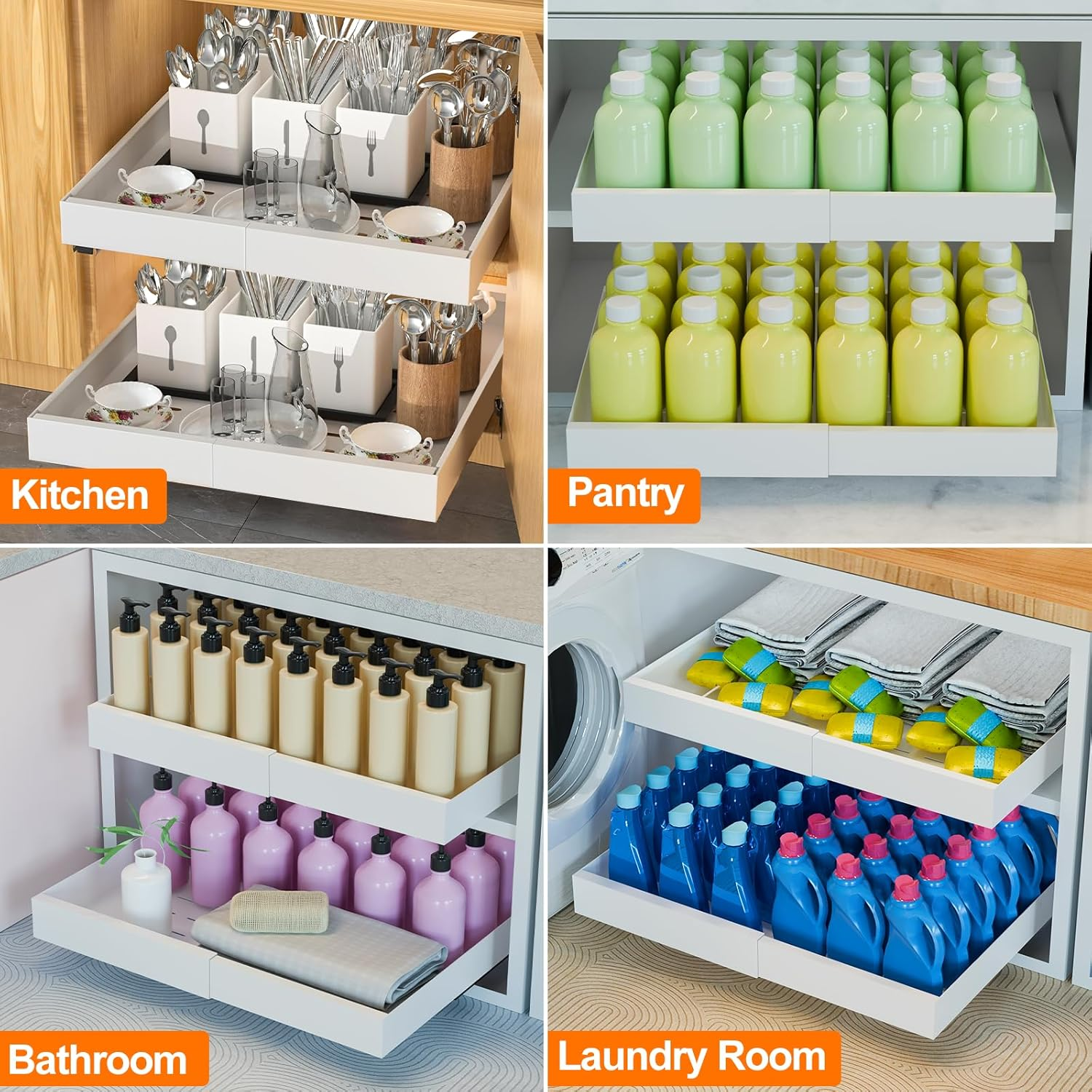FLSEPAMB 2 Pack Pull Out Cabinet Organizer, Expandable Pull Out Kitchen Cabinet Organizer（31Cm to 53Cm W）, Pull Out Drawers with Adhesive Film for Kitchen Cabinet,Laundry, Pantry, Bathroom image number 5