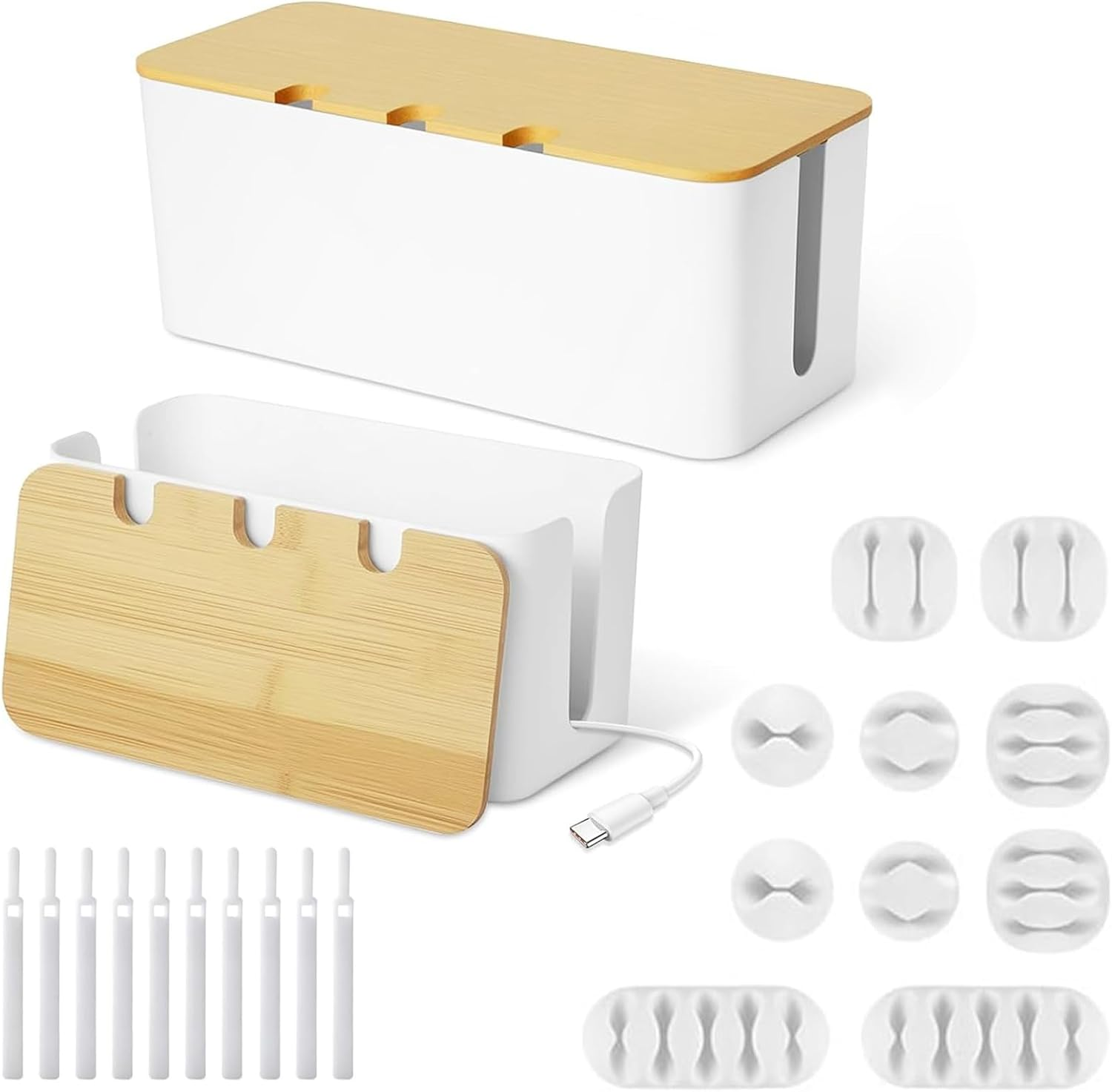 2 Pack Cable Management Box,Cord Organizer with Bamboo Cover for TV Wires,Computer,Router,Usb Hub,Under Desk Power Strip& Cords (Black)