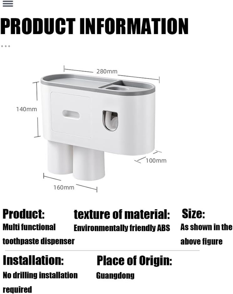 Bathroom Wall Mounted Double Cup Toothbrush Holder, Punch-Free. Automatic Toothpaste Squeezer. Large Capacity Tray, Cosmetic Drawer. image number 6