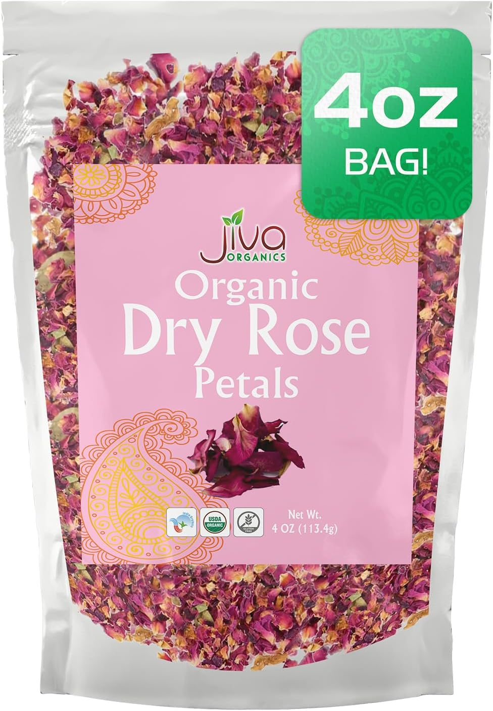 Jiva Organics Dried Red Rose Petals 4 Oz Bag - Non-Gmo, USDA Organic, Food Grade, Edible Flowers - Use in Tea, Baking, Making Rose Water, Crafting, Wedding Confetti image number 2
