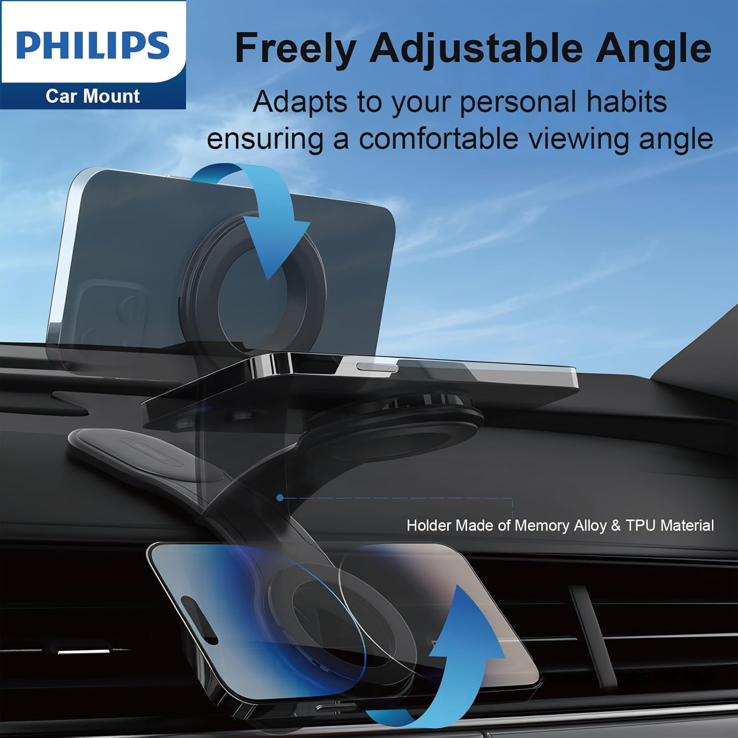 Philips Car Dashboard Phone Holder Stand Mount, Gravity Bracket, Secure, Adjustable, Long Arm, Bend Any Angle and Compatible with Iphone, Android, 4-7.2 Inch, Black image number 6