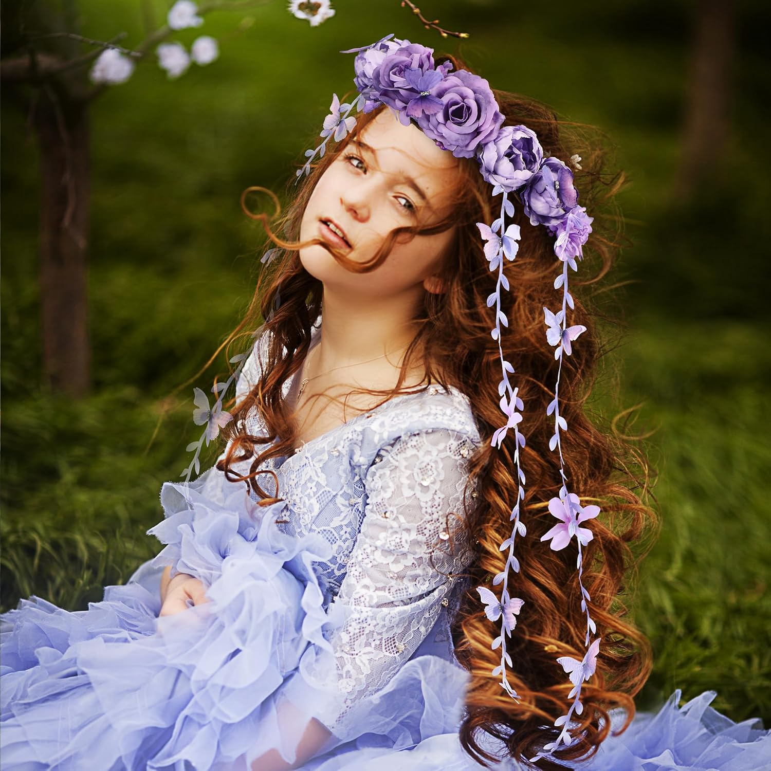 Partyforu Flower Headband for Women Purple Floral Headpiece with Butterfly Flower Crown Vine Fairy Crown for Wedding Party Bridal Shower Renaissance image number 5