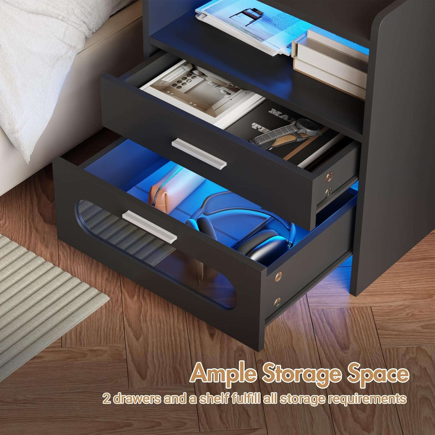 Advwin Bedside Table with 2 Drawers(1 Glass Visible), Large Nightstand with LED Light, Wireless Charging Station and USB Port for Bedroom Living Room, Black image number 3