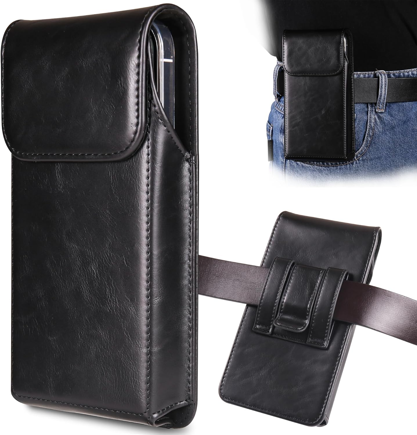 INGIDO Holster for Iphone 15, 14, 13, 12, 11, XR, Galaxy S24, S23, S22 - Premium Leather Pouch with Belt Clip Phone Case, Black - Medium