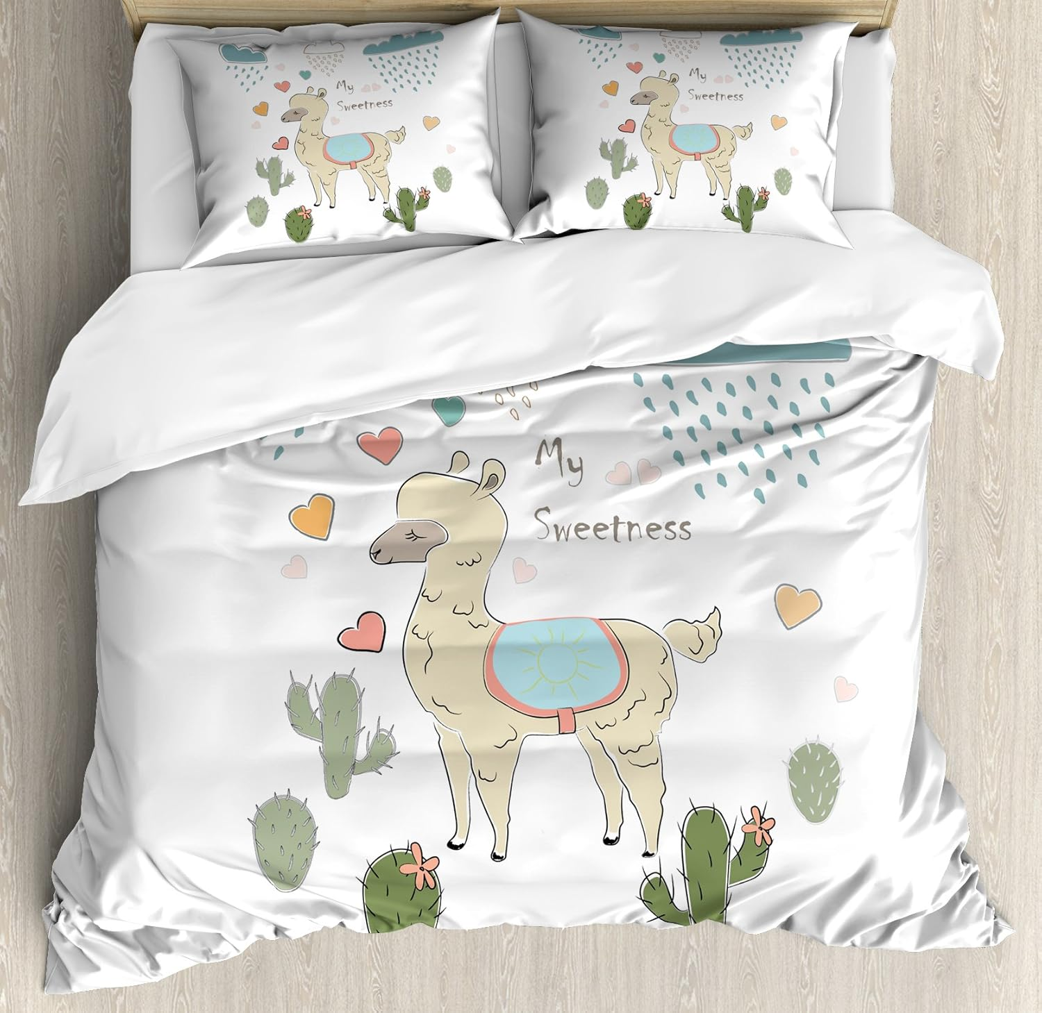 Ambesonne Llama Duvet Cover Set Queen Size Cute Abstract Alpaca in the Rain with Cactuses Brush Strokes Effect Illustration Decorative 3 Piece Bedding Set with 2 Pillow Shams Multicolor