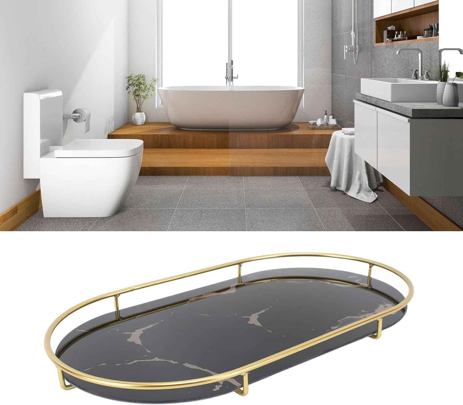 Bathroom Storage Tray Light Luxury Decorative, Golden Texture Oval Bathroom Organiser Tray for Soap Towel Paper Napkins Jewellery Makeup, Bathroom Organiser Tray (Black Base) image number 1
