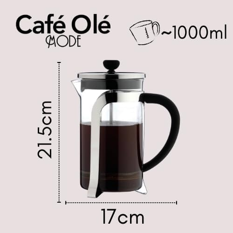 Caf&eacute; Ole 8 Cup Mode Chrome Glass Cafetiere Fresh Coffee Maker 1000Ml 1L